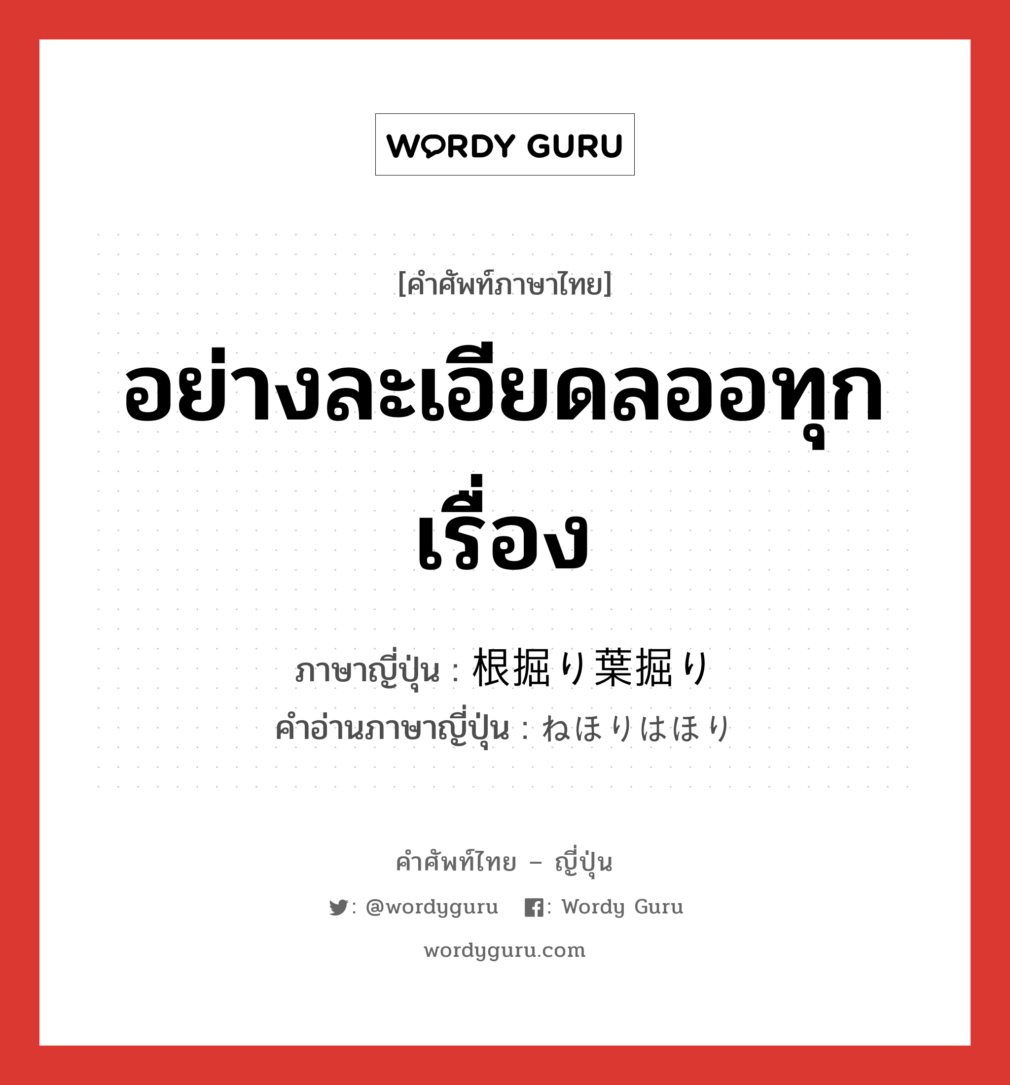 อย่างละเอียดลออทุกเรื่อง ภาษาญี่ปุ่นคืออะไร, คำศัพท์ภาษาไทย - ญี่ปุ่น อย่างละเอียดลออทุกเรื่อง ภาษาญี่ปุ่น 根掘り葉掘り คำอ่านภาษาญี่ปุ่น ねほりはほり หมวด exp หมวด exp