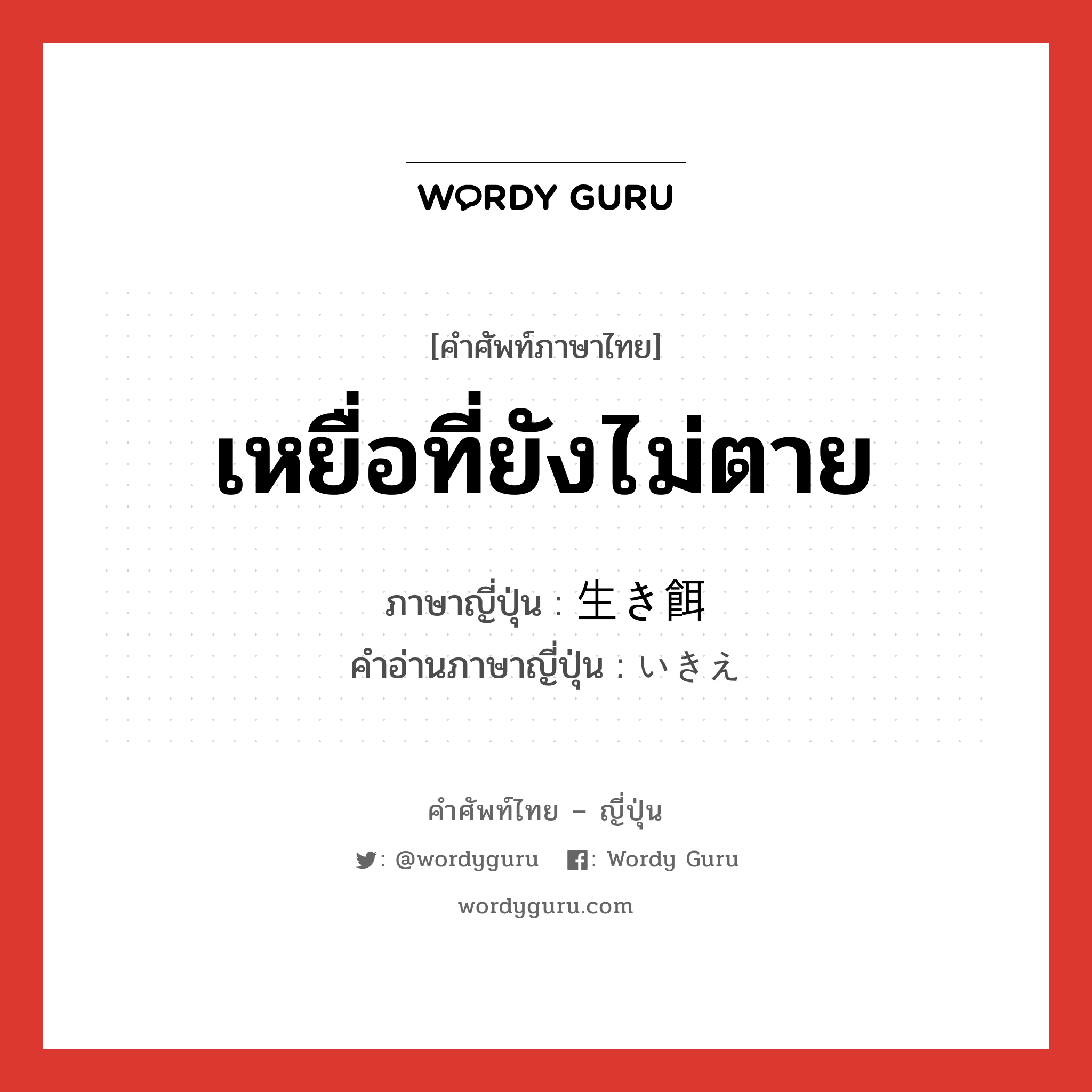 เหยื่อที่ยังไม่ตาย ภาษาญี่ปุ่นคืออะไร, คำศัพท์ภาษาไทย - ญี่ปุ่น เหยื่อที่ยังไม่ตาย ภาษาญี่ปุ่น 生き餌 คำอ่านภาษาญี่ปุ่น いきえ หมวด n หมวด n