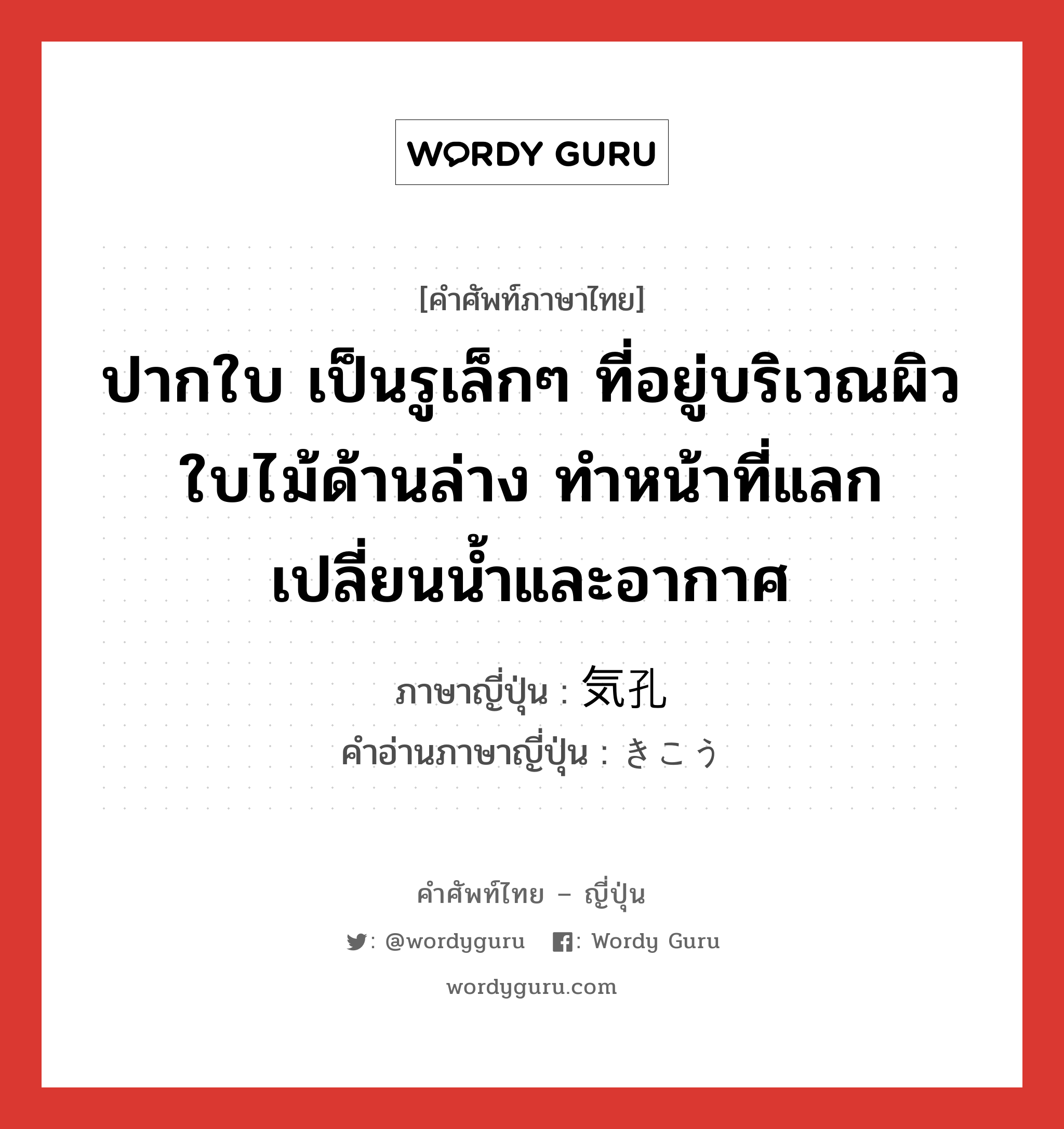 ปากใบ เป็นรูเล็กๆ ที่อยู่บริเวณผิวใบไม้ด้านล่าง ทำหน้าที่แลกเปลี่ยนน้ำและอากาศ ภาษาญี่ปุ่นคืออะไร, คำศัพท์ภาษาไทย - ญี่ปุ่น ปากใบ เป็นรูเล็กๆ ที่อยู่บริเวณผิวใบไม้ด้านล่าง ทำหน้าที่แลกเปลี่ยนน้ำและอากาศ ภาษาญี่ปุ่น 気孔 คำอ่านภาษาญี่ปุ่น きこう หมวด n หมวด n