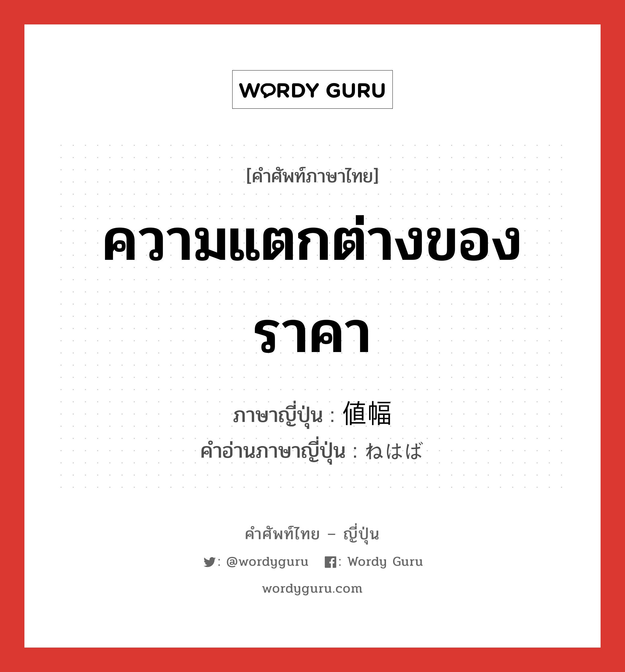 ความแตกต่างของราคา ภาษาญี่ปุ่นคืออะไร, คำศัพท์ภาษาไทย - ญี่ปุ่น ความแตกต่างของราคา ภาษาญี่ปุ่น 値幅 คำอ่านภาษาญี่ปุ่น ねはば หมวด n หมวด n