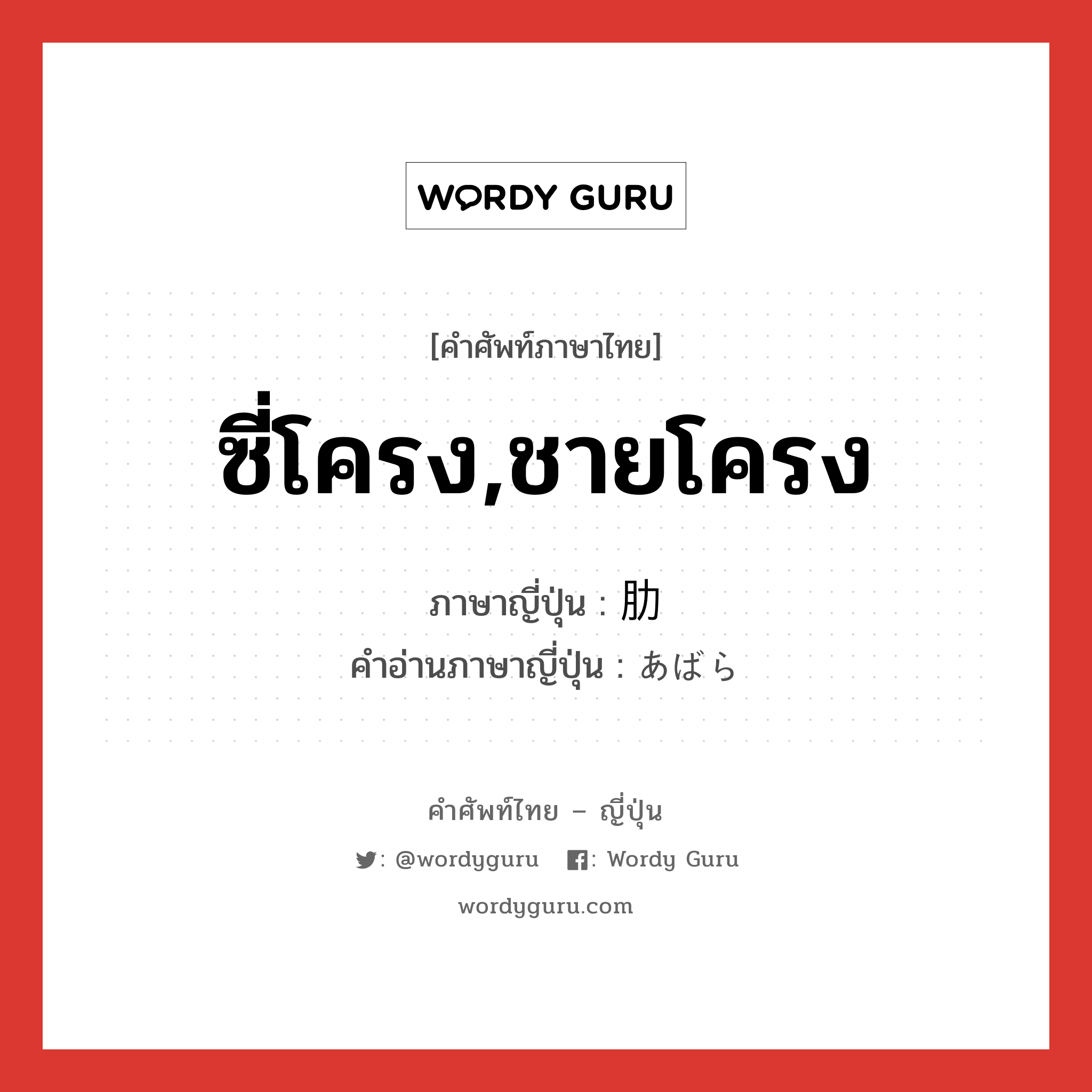 ซี่โครง,ชายโครง ภาษาญี่ปุ่นคืออะไร, คำศัพท์ภาษาไทย - ญี่ปุ่น ซี่โครง,ชายโครง ภาษาญี่ปุ่น 肋 คำอ่านภาษาญี่ปุ่น あばら หมวด n หมวด n