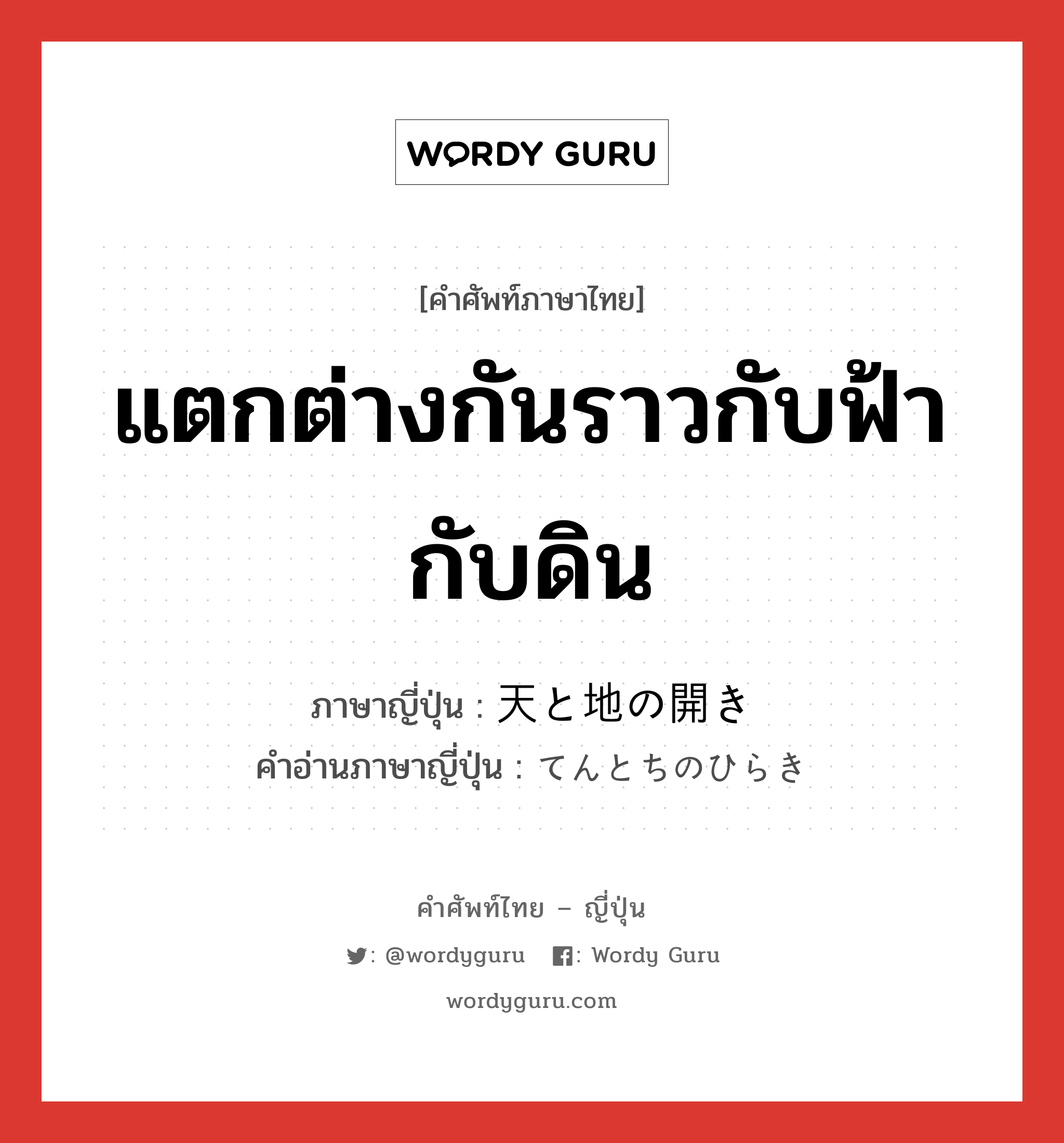 แตกต่างกันราวกับฟ้ากับดิน ภาษาญี่ปุ่นคืออะไร, คำศัพท์ภาษาไทย - ญี่ปุ่น แตกต่างกันราวกับฟ้ากับดิน ภาษาญี่ปุ่น 天と地の開き คำอ่านภาษาญี่ปุ่น てんとちのひらき หมวด n หมวด n