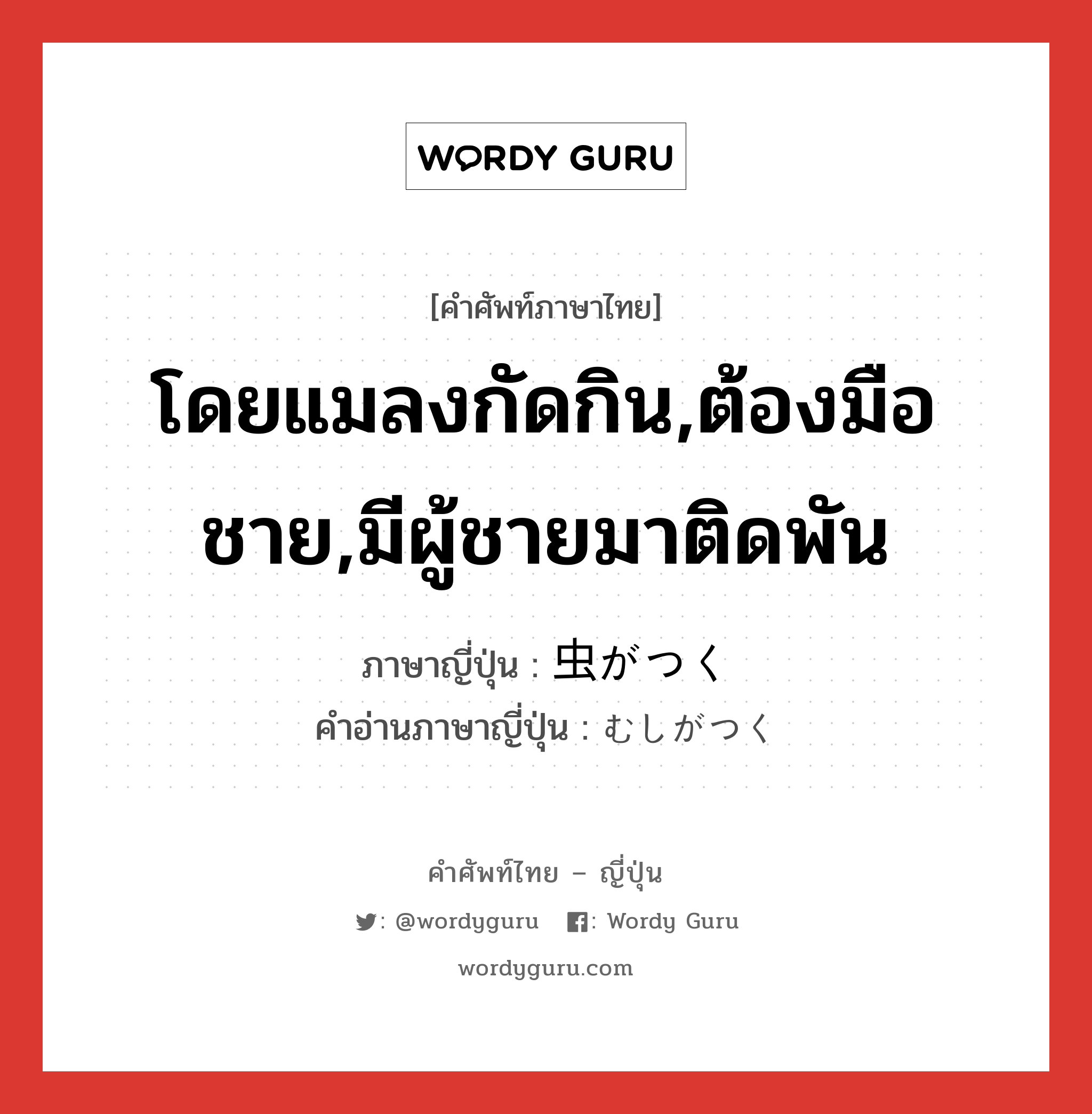 โดยแมลงกัดกิน,ต้องมือชาย,มีผู้ชายมาติดพัน ภาษาญี่ปุ่นคืออะไร, คำศัพท์ภาษาไทย - ญี่ปุ่น โดยแมลงกัดกิน,ต้องมือชาย,มีผู้ชายมาติดพัน ภาษาญี่ปุ่น 虫がつく คำอ่านภาษาญี่ปุ่น むしがつく หมวด exp หมวด exp