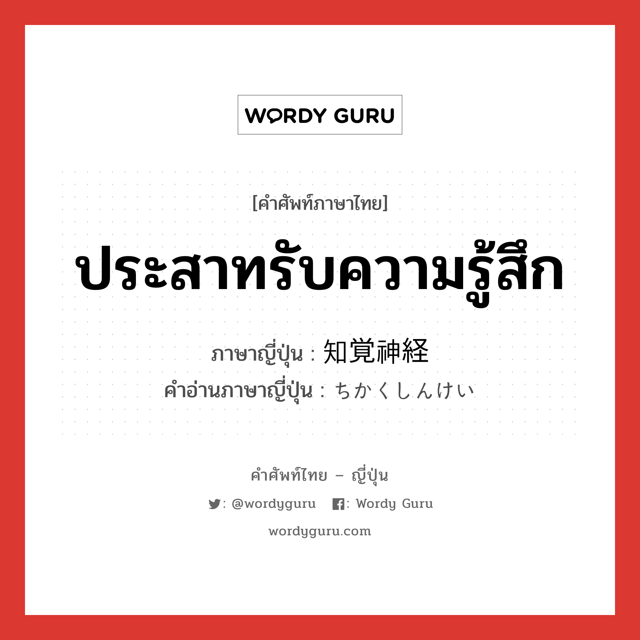 ประสาทรับความรู้สึก ภาษาญี่ปุ่นคืออะไร, คำศัพท์ภาษาไทย - ญี่ปุ่น ประสาทรับความรู้สึก ภาษาญี่ปุ่น 知覚神経 คำอ่านภาษาญี่ปุ่น ちかくしんけい หมวด n หมวด n