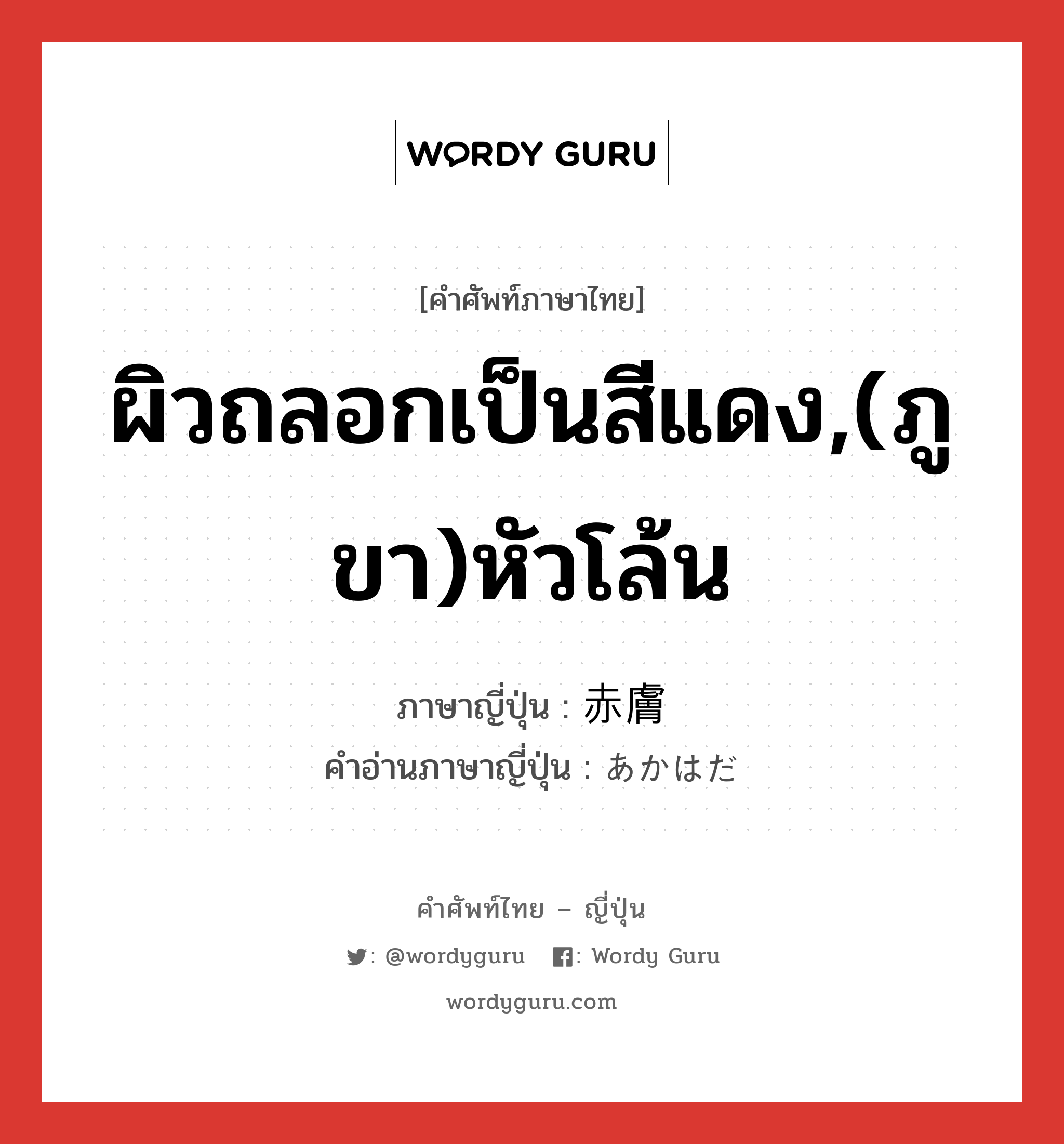 ผิวถลอกเป็นสีแดง,(ภูขา)หัวโล้น ภาษาญี่ปุ่นคืออะไร, คำศัพท์ภาษาไทย - ญี่ปุ่น ผิวถลอกเป็นสีแดง,(ภูขา)หัวโล้น ภาษาญี่ปุ่น 赤膚 คำอ่านภาษาญี่ปุ่น あかはだ หมวด n หมวด n