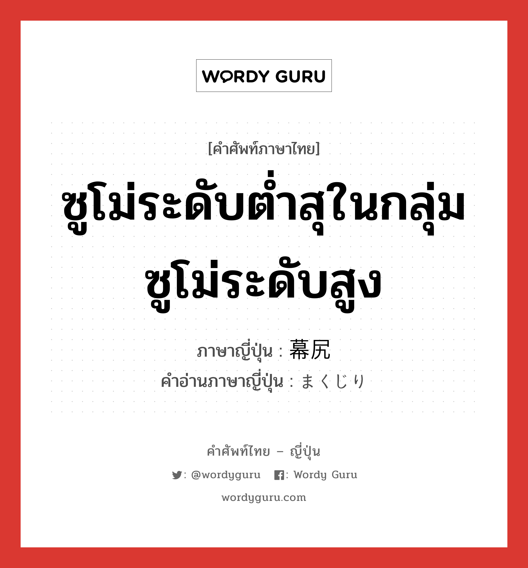 ซูโม่ระดับต่ำสุในกลุ่มซูโม่ระดับสูง ภาษาญี่ปุ่นคืออะไร, คำศัพท์ภาษาไทย - ญี่ปุ่น ซูโม่ระดับต่ำสุในกลุ่มซูโม่ระดับสูง ภาษาญี่ปุ่น 幕尻 คำอ่านภาษาญี่ปุ่น まくじり หมวด n หมวด n