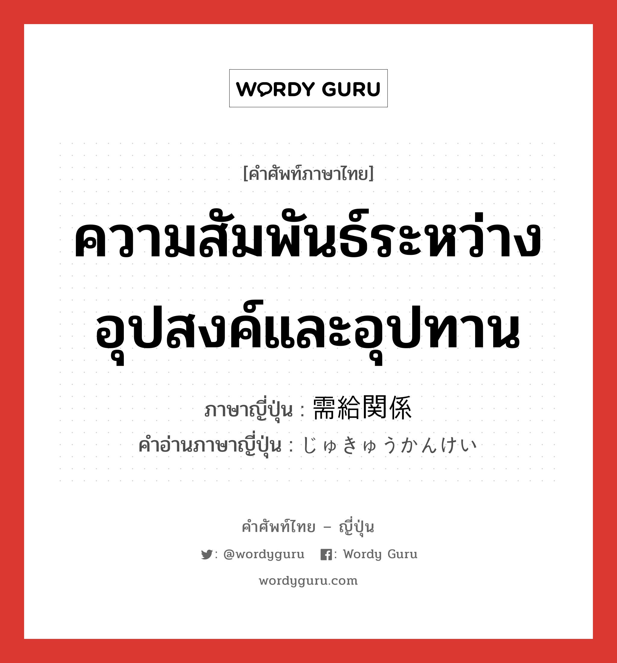 ความสัมพันธ์ระหว่างอุปสงค์และอุปทาน ภาษาญี่ปุ่นคืออะไร, คำศัพท์ภาษาไทย - ญี่ปุ่น ความสัมพันธ์ระหว่างอุปสงค์และอุปทาน ภาษาญี่ปุ่น 需給関係 คำอ่านภาษาญี่ปุ่น じゅきゅうかんけい หมวด n หมวด n