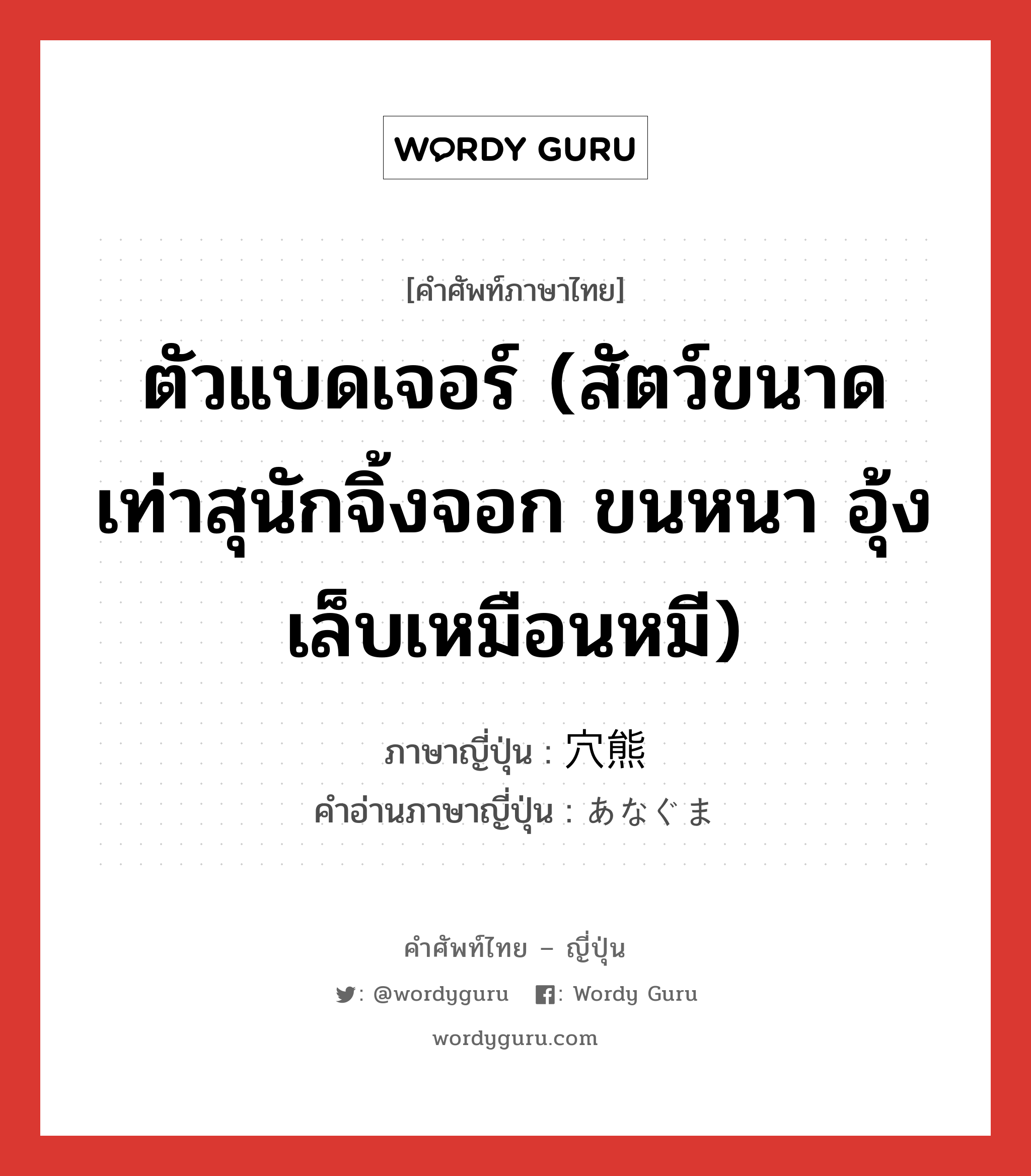 ตัวแบดเจอร์ (สัตว์ขนาดเท่าสุนักจิ้งจอก ขนหนา อุ้งเล็บเหมือนหมี) ภาษาญี่ปุ่นคืออะไร, คำศัพท์ภาษาไทย - ญี่ปุ่น ตัวแบดเจอร์ (สัตว์ขนาดเท่าสุนักจิ้งจอก ขนหนา อุ้งเล็บเหมือนหมี) ภาษาญี่ปุ่น 穴熊 คำอ่านภาษาญี่ปุ่น あなぐま หมวด n หมวด n