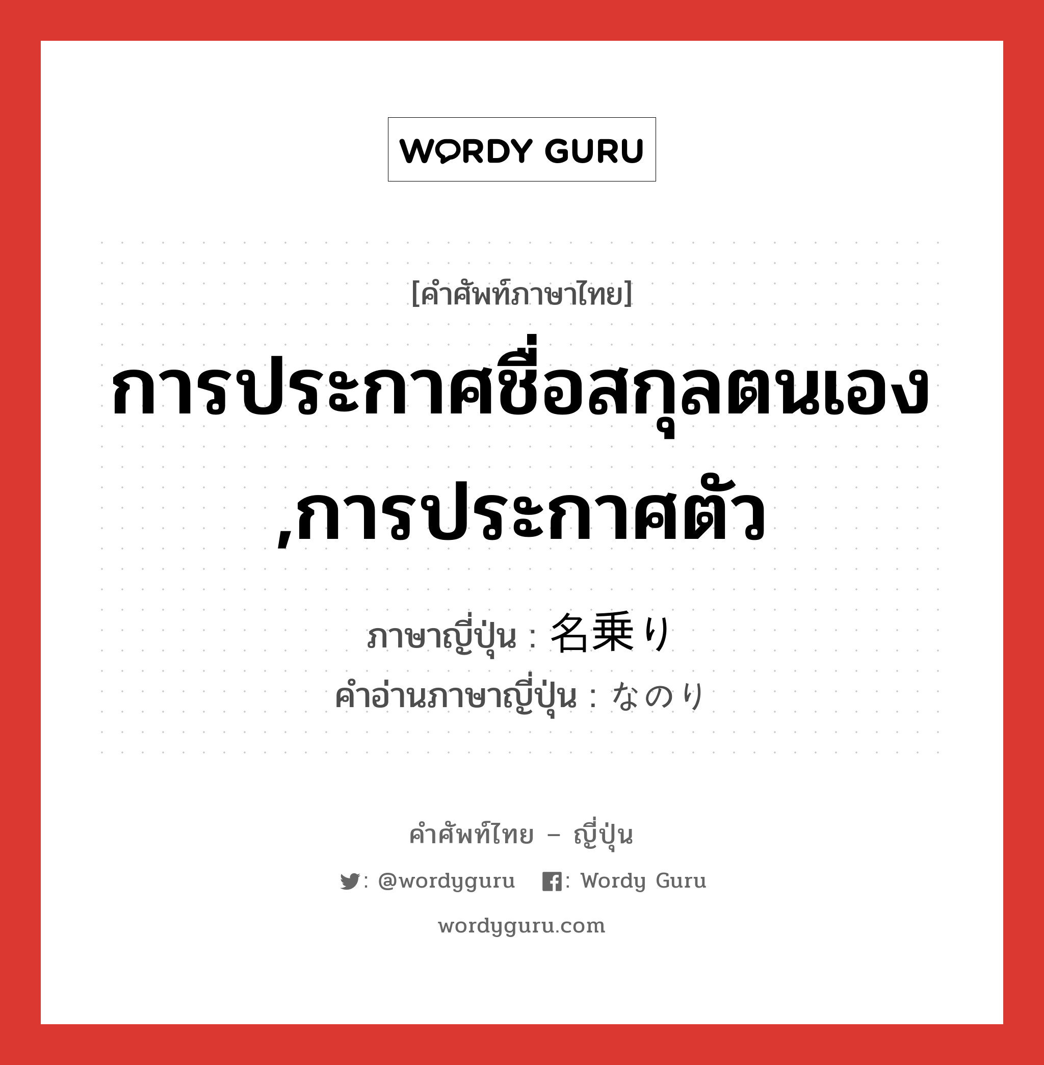 การประกาศชื่อสกุลตนเอง ,การประกาศตัว ภาษาญี่ปุ่นคืออะไร, คำศัพท์ภาษาไทย - ญี่ปุ่น การประกาศชื่อสกุลตนเอง ,การประกาศตัว ภาษาญี่ปุ่น 名乗り คำอ่านภาษาญี่ปุ่น なのり หมวด n หมวด n