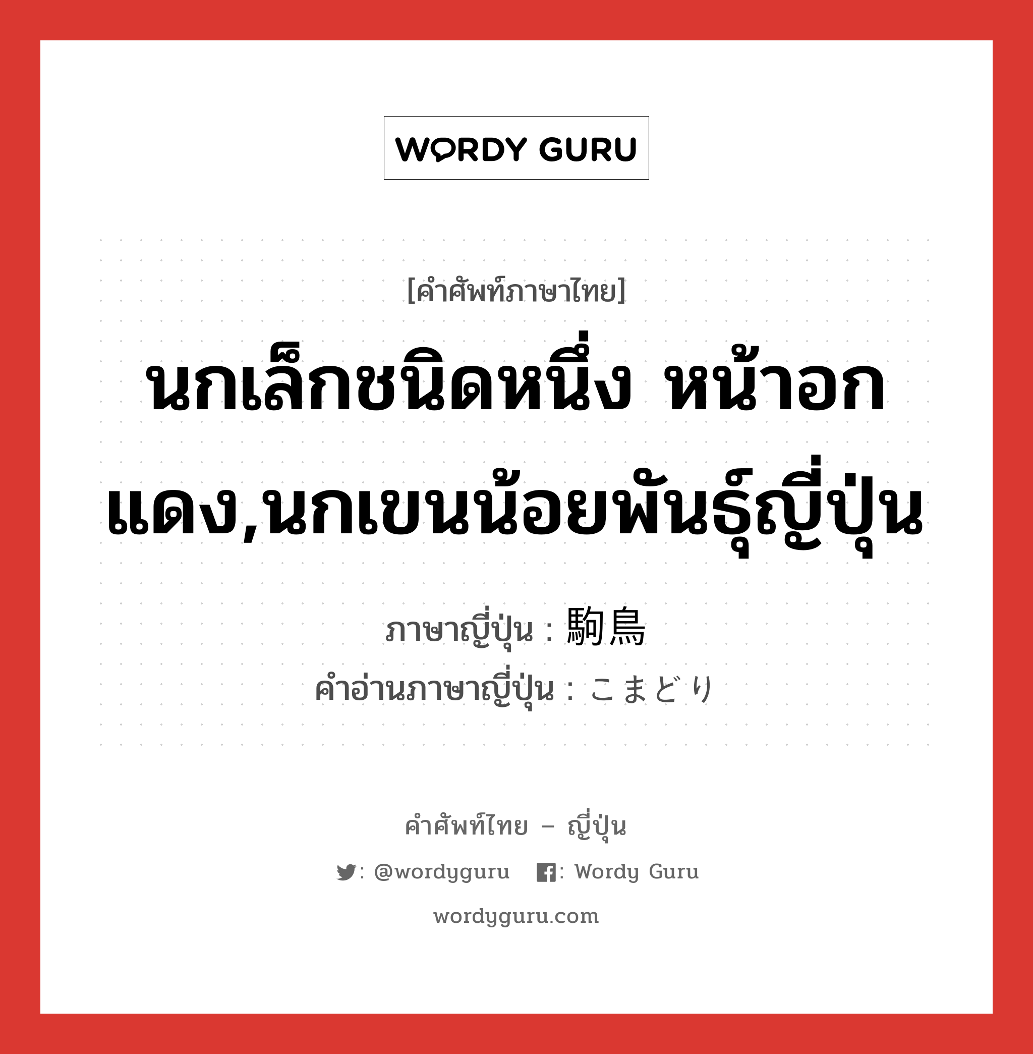 นกเล็กชนิดหนึ่ง หน้าอกแดง,นกเขนน้อยพันธุ์ญี่ปุ่น ภาษาญี่ปุ่นคืออะไร, คำศัพท์ภาษาไทย - ญี่ปุ่น นกเล็กชนิดหนึ่ง หน้าอกแดง,นกเขนน้อยพันธุ์ญี่ปุ่น ภาษาญี่ปุ่น 駒鳥 คำอ่านภาษาญี่ปุ่น こまどり หมวด n หมวด n