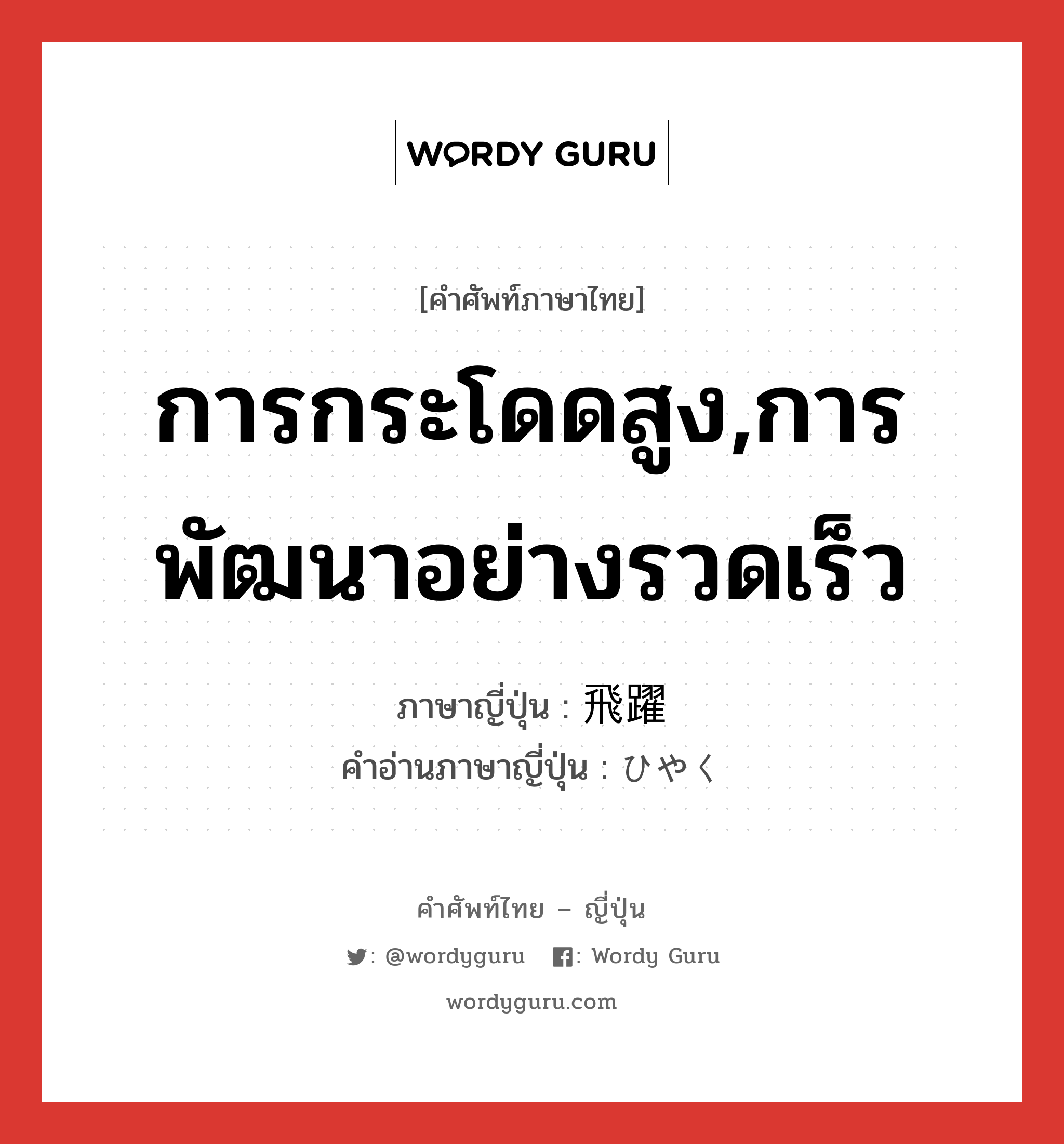 การกระโดดสูง,การพัฒนาอย่างรวดเร็ว ภาษาญี่ปุ่นคืออะไร, คำศัพท์ภาษาไทย - ญี่ปุ่น การกระโดดสูง,การพัฒนาอย่างรวดเร็ว ภาษาญี่ปุ่น 飛躍 คำอ่านภาษาญี่ปุ่น ひやく หมวด n หมวด n