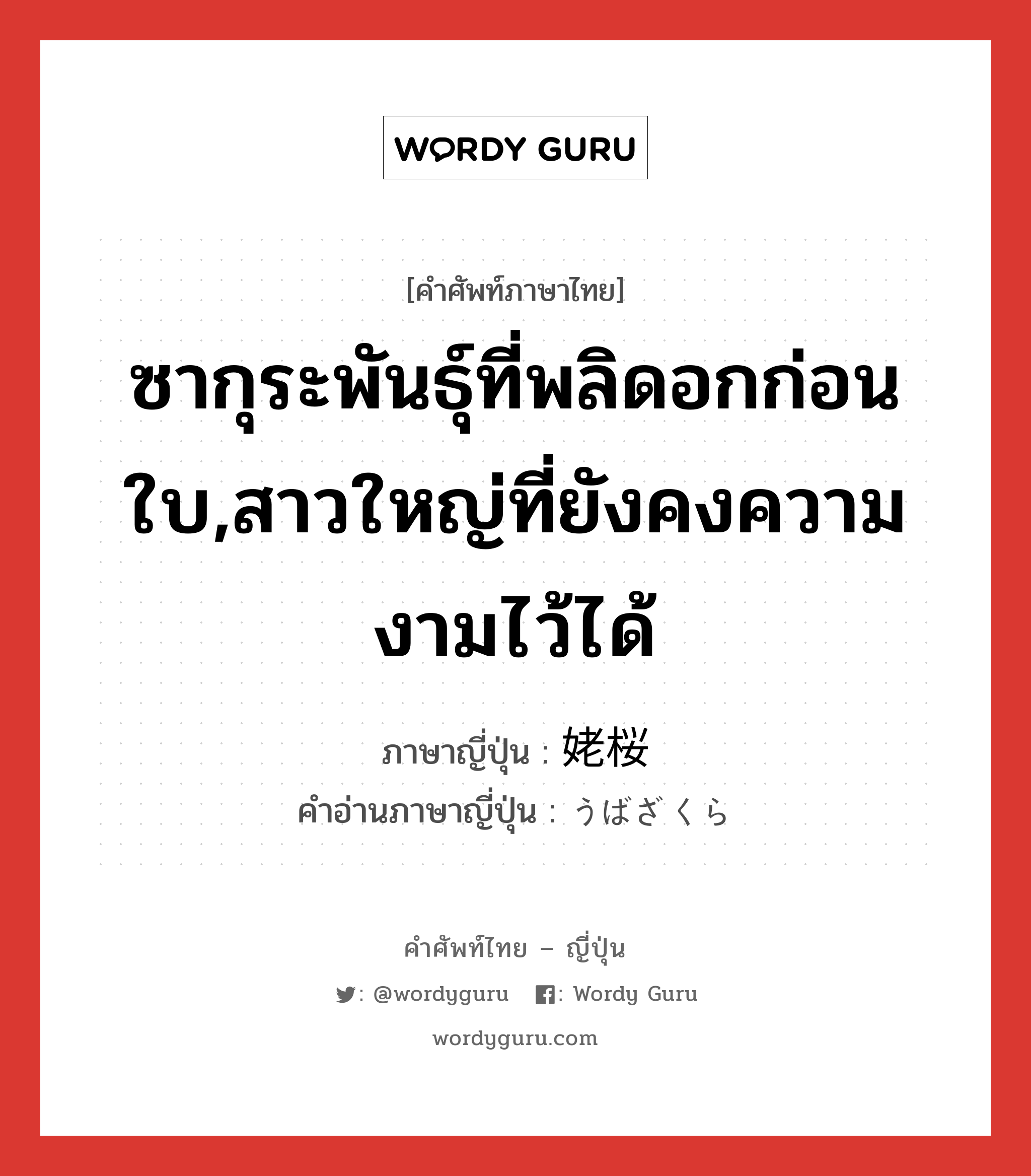 ซากุระพันธุ์ที่พลิดอกก่อนใบ,สาวใหญ่ที่ยังคงความงามไว้ได้ ภาษาญี่ปุ่นคืออะไร, คำศัพท์ภาษาไทย - ญี่ปุ่น ซากุระพันธุ์ที่พลิดอกก่อนใบ,สาวใหญ่ที่ยังคงความงามไว้ได้ ภาษาญี่ปุ่น 姥桜 คำอ่านภาษาญี่ปุ่น うばざくら หมวด n หมวด n