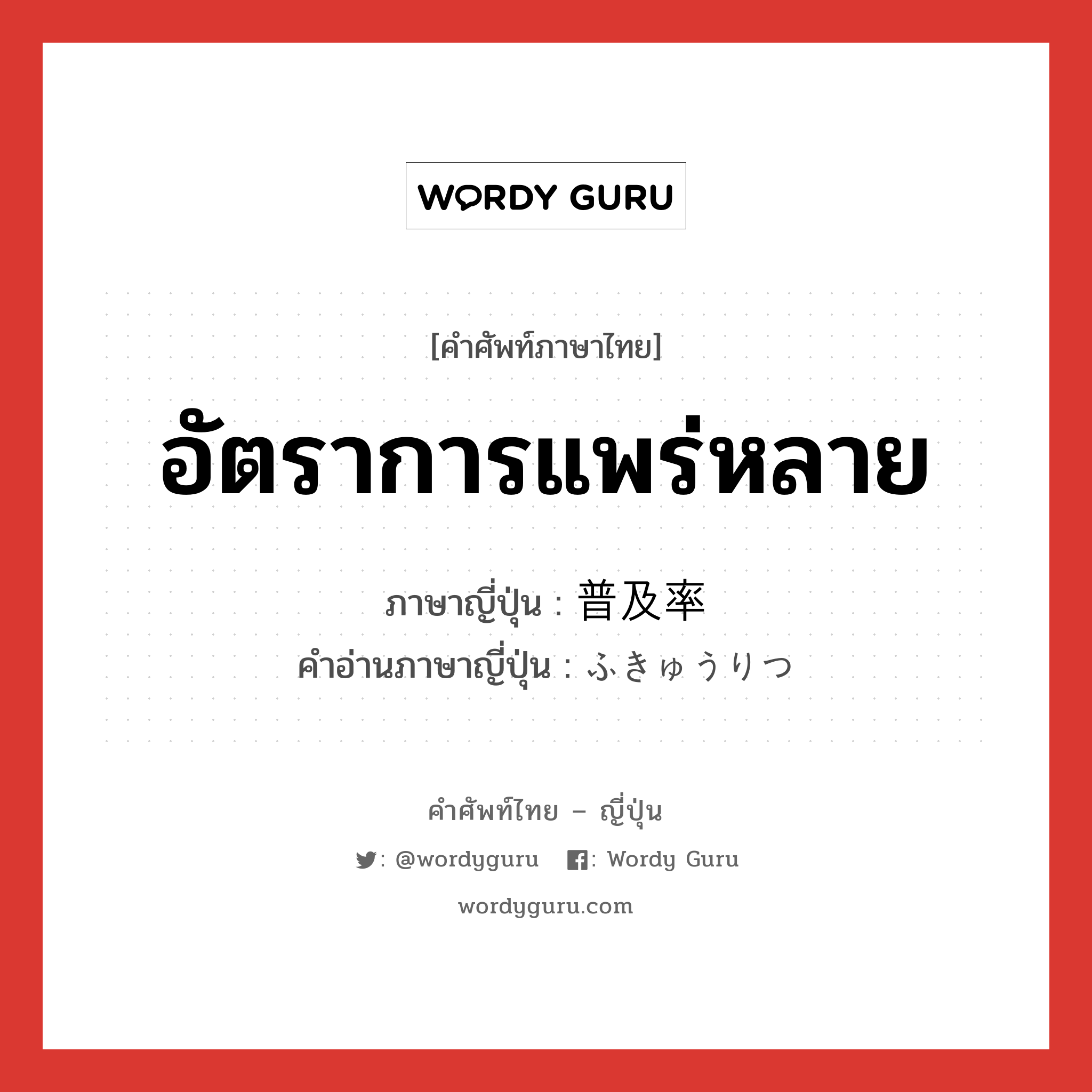 อัตราการแพร่หลาย ภาษาญี่ปุ่นคืออะไร, คำศัพท์ภาษาไทย - ญี่ปุ่น อัตราการแพร่หลาย ภาษาญี่ปุ่น 普及率 คำอ่านภาษาญี่ปุ่น ふきゅうりつ หมวด n หมวด n