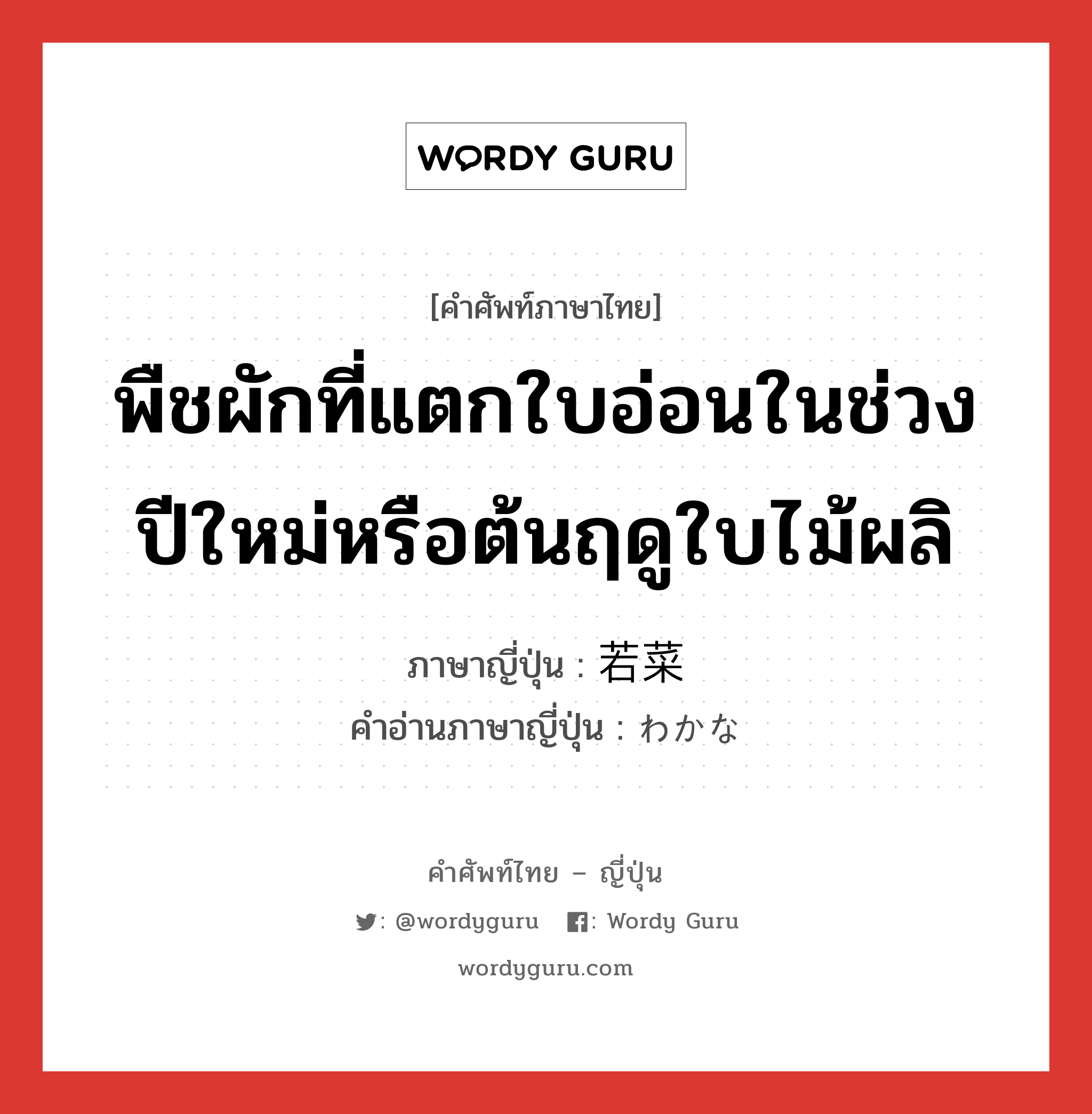 พืชผักที่แตกใบอ่อนในช่วงปีใหม่หรือต้นฤดูใบไม้ผลิ ภาษาญี่ปุ่นคืออะไร, คำศัพท์ภาษาไทย - ญี่ปุ่น พืชผักที่แตกใบอ่อนในช่วงปีใหม่หรือต้นฤดูใบไม้ผลิ ภาษาญี่ปุ่น 若菜 คำอ่านภาษาญี่ปุ่น わかな หมวด n หมวด n