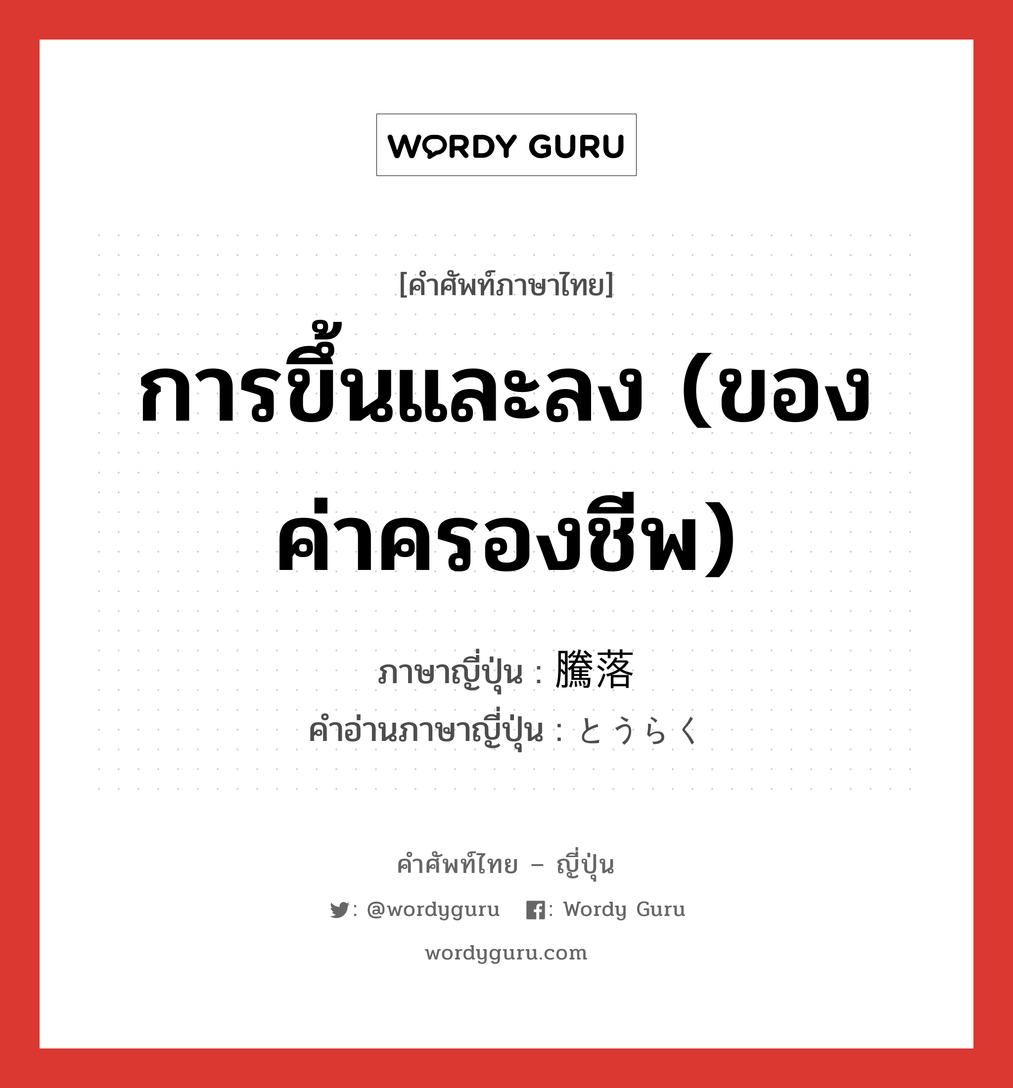 การขึ้นและลง (ของค่าครองชีพ) ภาษาญี่ปุ่นคืออะไร, คำศัพท์ภาษาไทย - ญี่ปุ่น การขึ้นและลง (ของค่าครองชีพ) ภาษาญี่ปุ่น 騰落 คำอ่านภาษาญี่ปุ่น とうらく หมวด n หมวด n