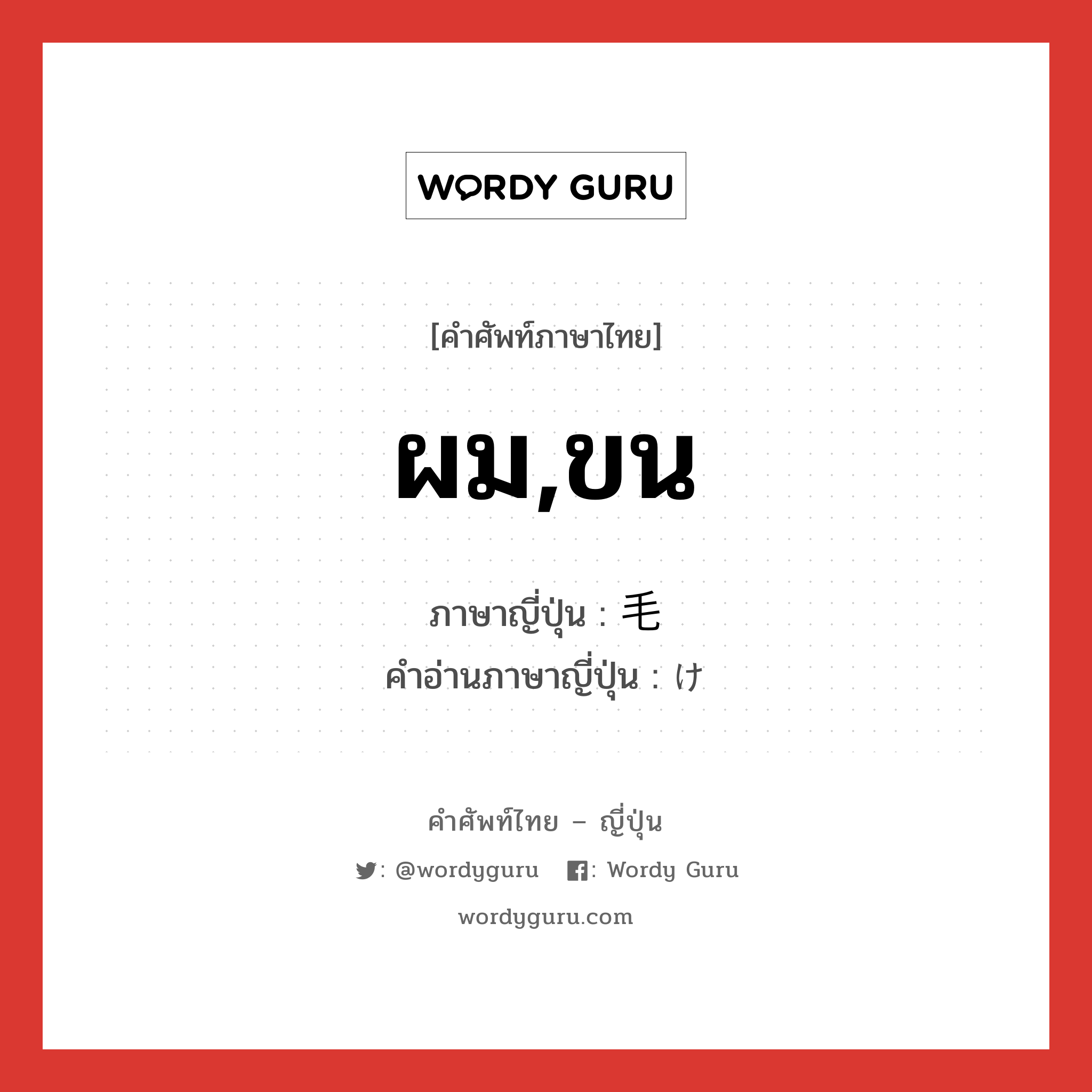 ผม,ขน ภาษาญี่ปุ่นคืออะไร, คำศัพท์ภาษาไทย - ญี่ปุ่น ผม,ขน ภาษาญี่ปุ่น 毛 คำอ่านภาษาญี่ปุ่น け หมวด n หมวด n