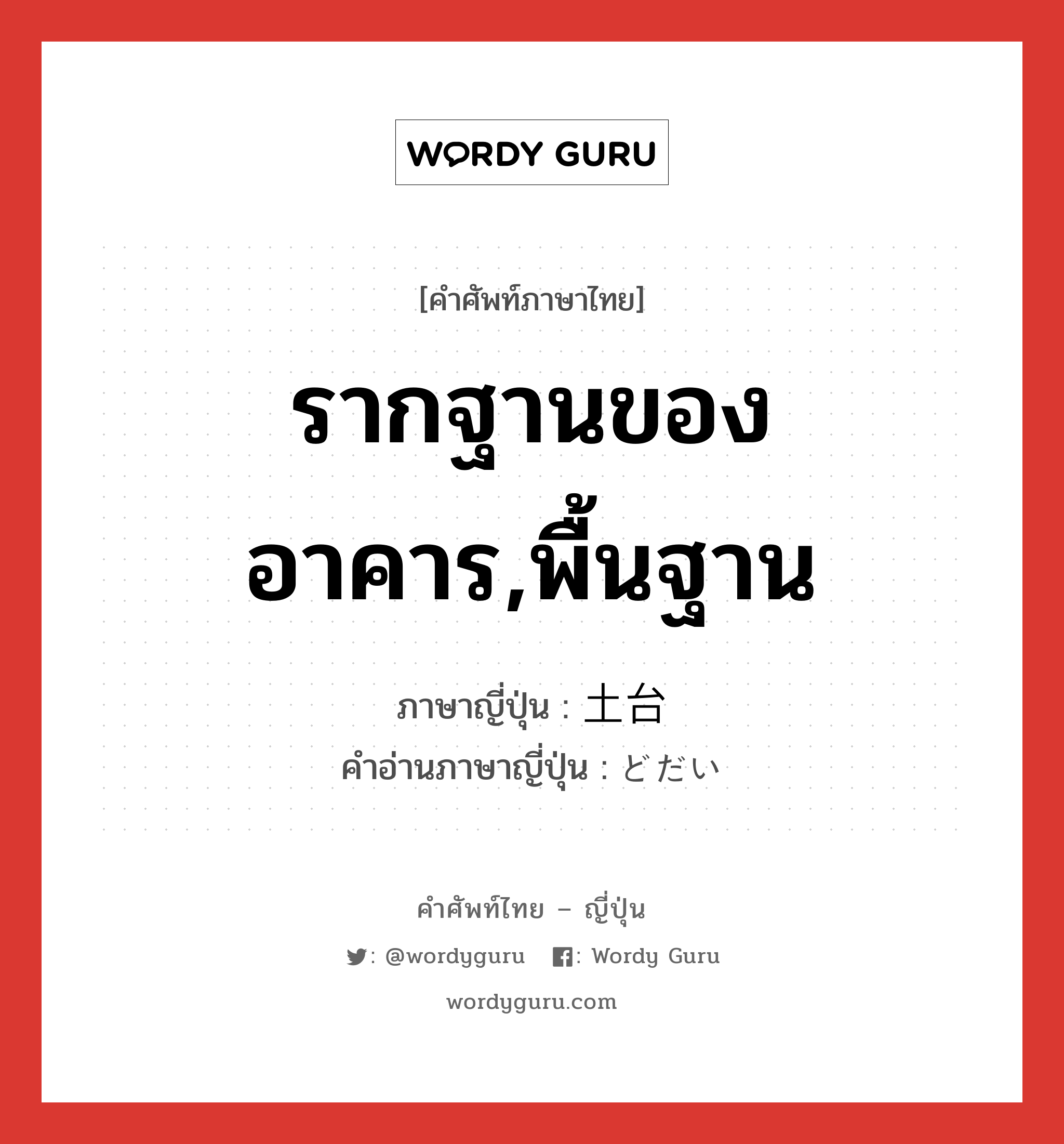 รากฐานของอาคาร,พื้นฐาน ภาษาญี่ปุ่นคืออะไร, คำศัพท์ภาษาไทย - ญี่ปุ่น รากฐานของอาคาร,พื้นฐาน ภาษาญี่ปุ่น 土台 คำอ่านภาษาญี่ปุ่น どだい หมวด adv หมวด adv