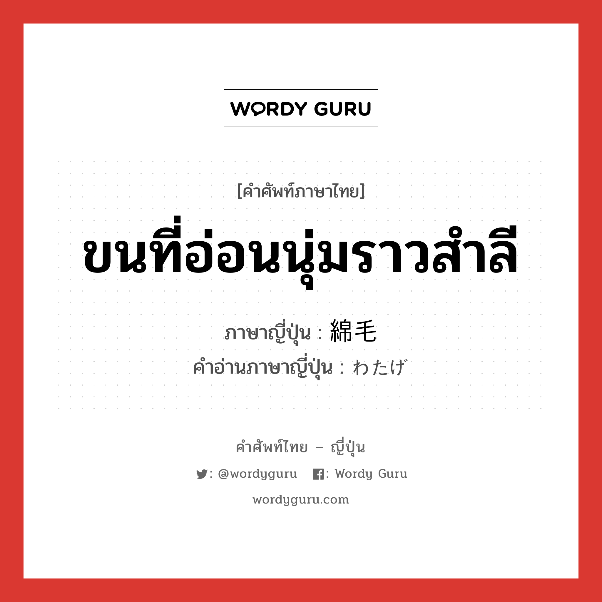 ขนที่อ่อนนุ่มราวสำลี ภาษาญี่ปุ่นคืออะไร, คำศัพท์ภาษาไทย - ญี่ปุ่น ขนที่อ่อนนุ่มราวสำลี ภาษาญี่ปุ่น 綿毛 คำอ่านภาษาญี่ปุ่น わたげ หมวด n หมวด n