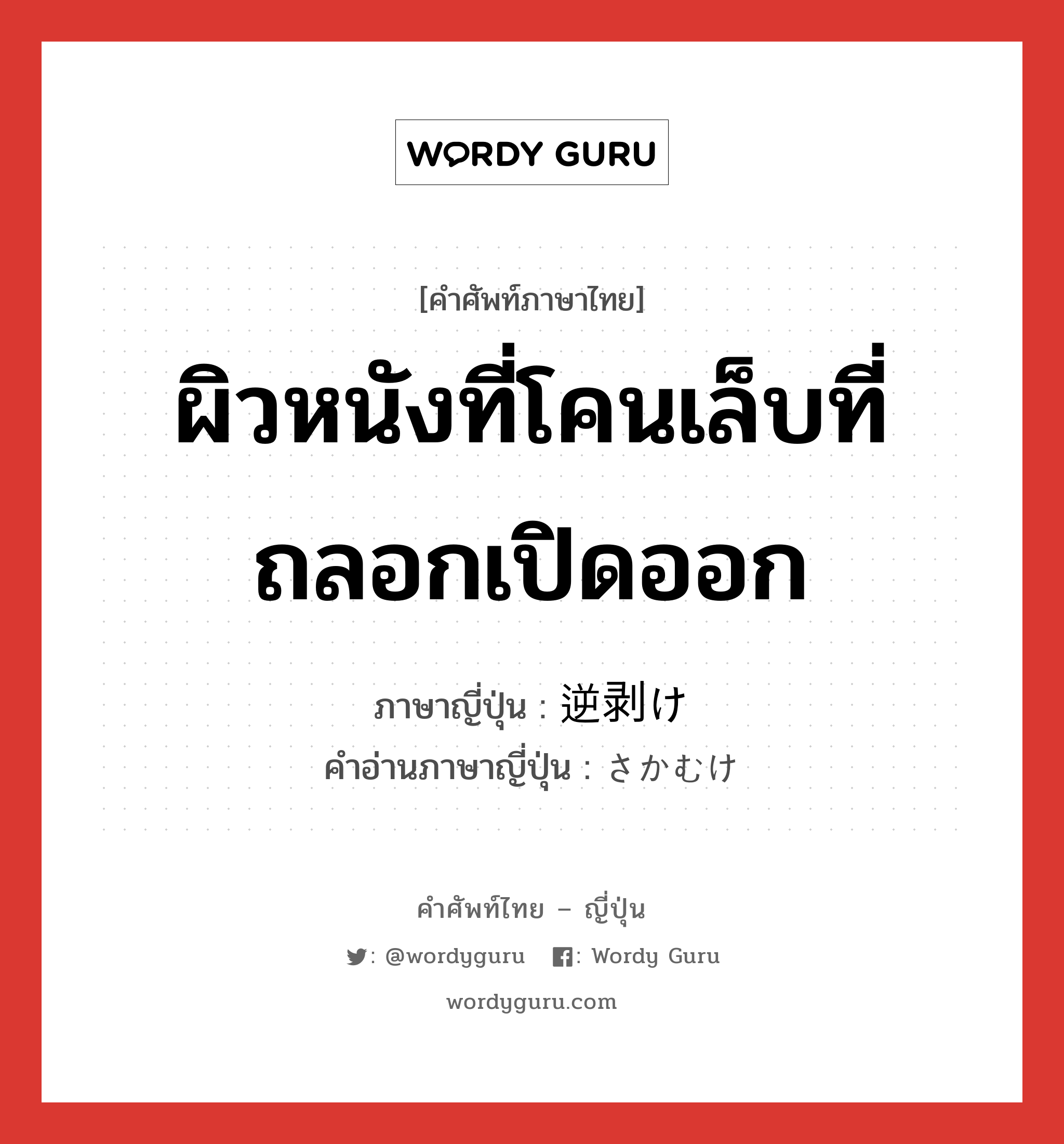 ผิวหนังที่โคนเล็บที่ถลอกเปิดออก ภาษาญี่ปุ่นคืออะไร, คำศัพท์ภาษาไทย - ญี่ปุ่น ผิวหนังที่โคนเล็บที่ถลอกเปิดออก ภาษาญี่ปุ่น 逆剥け คำอ่านภาษาญี่ปุ่น さかむけ หมวด n หมวด n