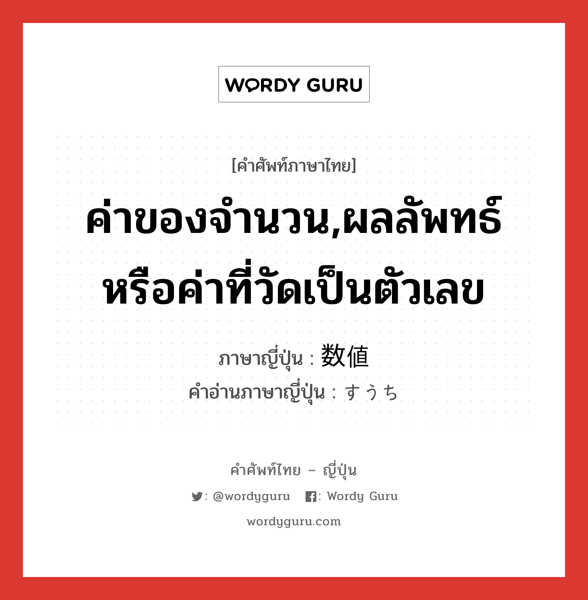 ค่าของจำนวน,ผลลัพทธ์หรือค่าที่วัดเป็นตัวเลข ภาษาญี่ปุ่นคืออะไร, คำศัพท์ภาษาไทย - ญี่ปุ่น ค่าของจำนวน,ผลลัพทธ์หรือค่าที่วัดเป็นตัวเลข ภาษาญี่ปุ่น 数値 คำอ่านภาษาญี่ปุ่น すうち หมวด n หมวด n