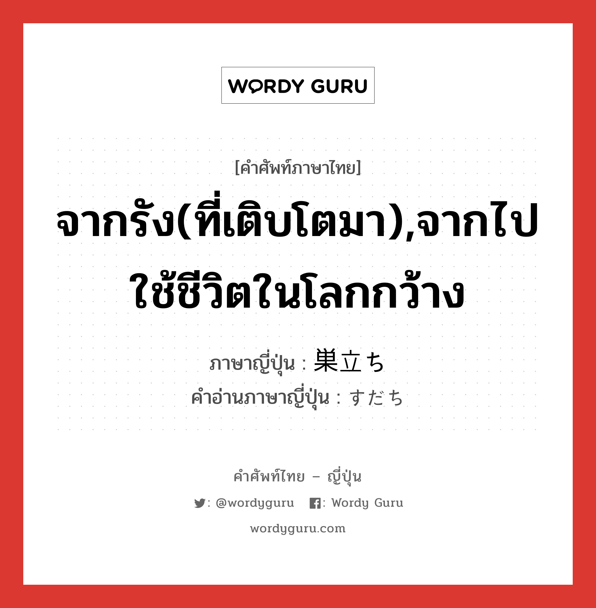 จากรัง(ที่เติบโตมา),จากไปใช้ชีวิตในโลกกว้าง ภาษาญี่ปุ่นคืออะไร, คำศัพท์ภาษาไทย - ญี่ปุ่น จากรัง(ที่เติบโตมา),จากไปใช้ชีวิตในโลกกว้าง ภาษาญี่ปุ่น 巣立ち คำอ่านภาษาญี่ปุ่น すだち หมวด n หมวด n