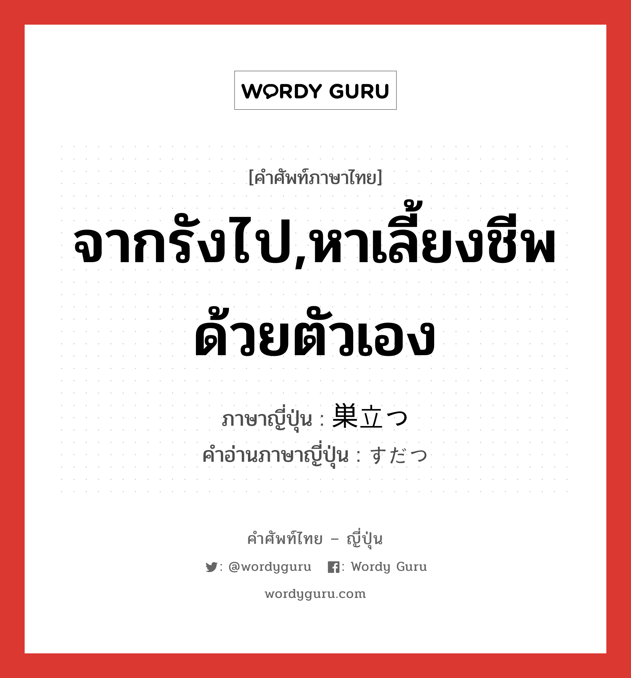 จากรังไป,หาเลี้ยงชีพด้วยตัวเอง ภาษาญี่ปุ่นคืออะไร, คำศัพท์ภาษาไทย - ญี่ปุ่น จากรังไป,หาเลี้ยงชีพด้วยตัวเอง ภาษาญี่ปุ่น 巣立つ คำอ่านภาษาญี่ปุ่น すだつ หมวด v5t หมวด v5t