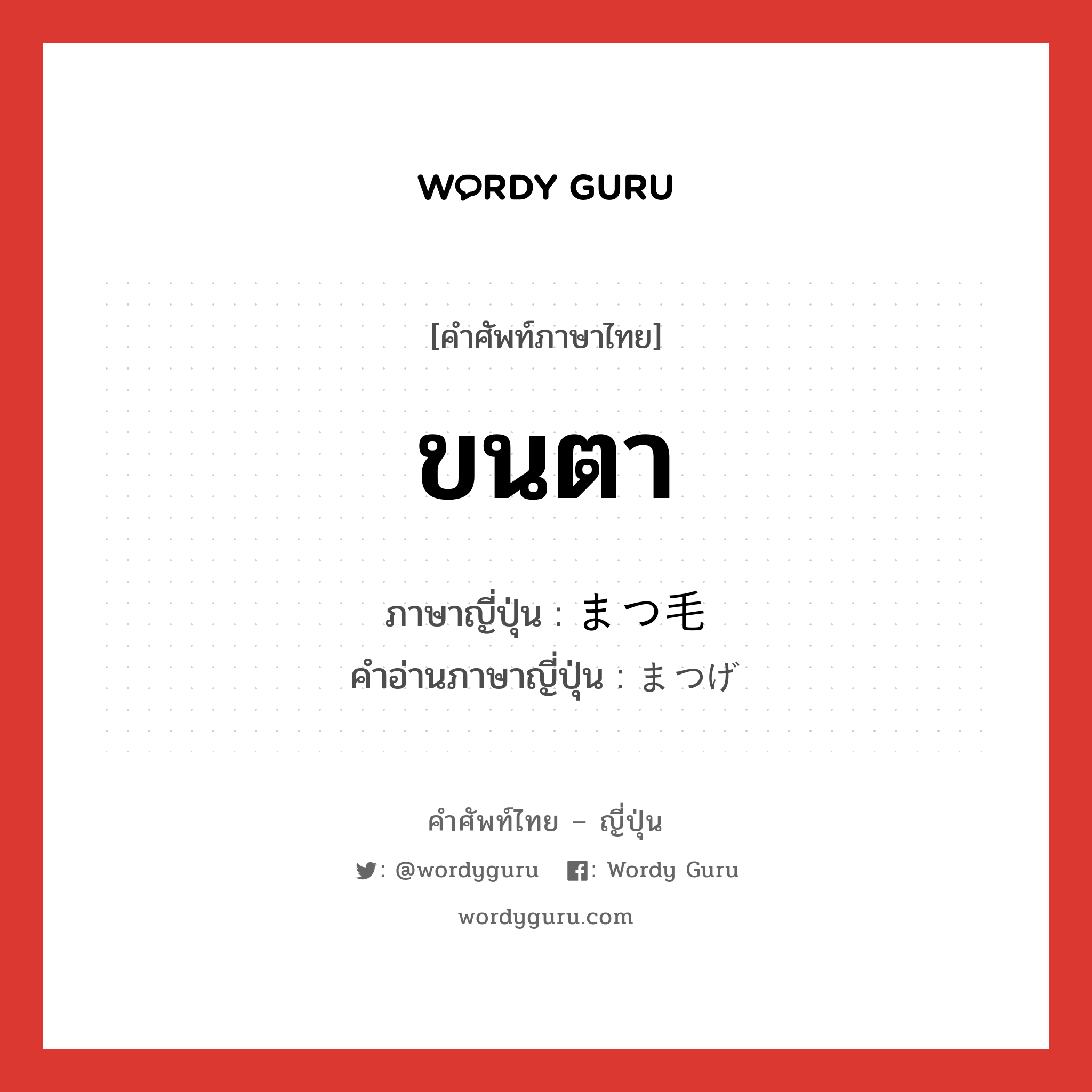 ขนตา ภาษาญี่ปุ่นคืออะไร, คำศัพท์ภาษาไทย - ญี่ปุ่น ขนตา ภาษาญี่ปุ่น まつ毛 คำอ่านภาษาญี่ปุ่น まつげ หมวด n หมวด n