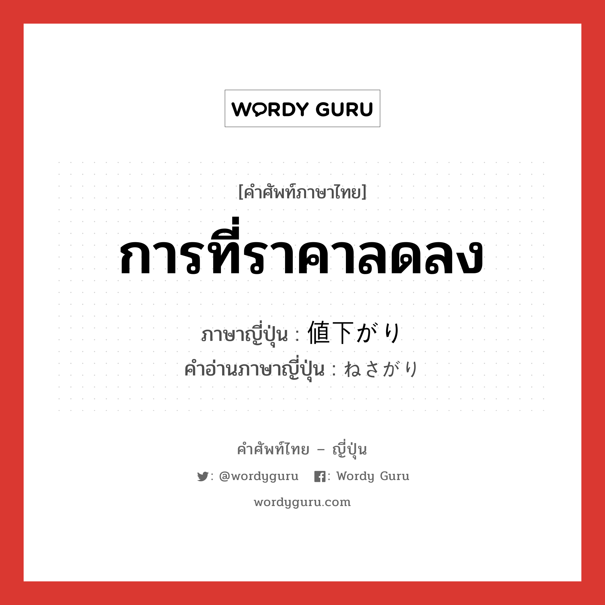 การที่ราคาลดลง ภาษาญี่ปุ่นคืออะไร, คำศัพท์ภาษาไทย - ญี่ปุ่น การที่ราคาลดลง ภาษาญี่ปุ่น 値下がり คำอ่านภาษาญี่ปุ่น ねさがり หมวด n หมวด n