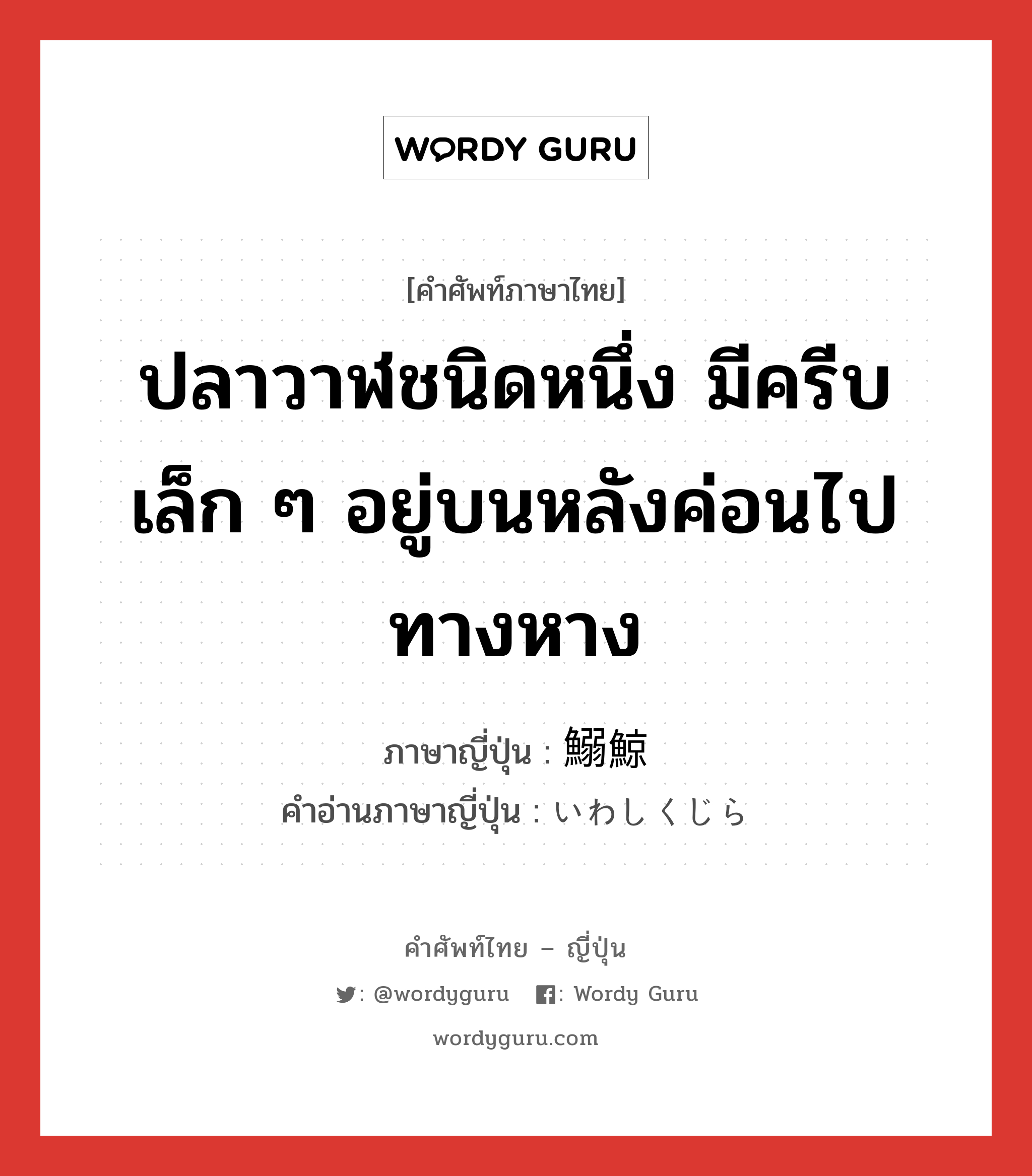 ปลาวาฬชนิดหนึ่ง มีครีบเล็ก ๆ อยู่บนหลังค่อนไปทางหาง ภาษาญี่ปุ่นคืออะไร, คำศัพท์ภาษาไทย - ญี่ปุ่น ปลาวาฬชนิดหนึ่ง มีครีบเล็ก ๆ อยู่บนหลังค่อนไปทางหาง ภาษาญี่ปุ่น 鰯鯨 คำอ่านภาษาญี่ปุ่น いわしくじら หมวด n หมวด n