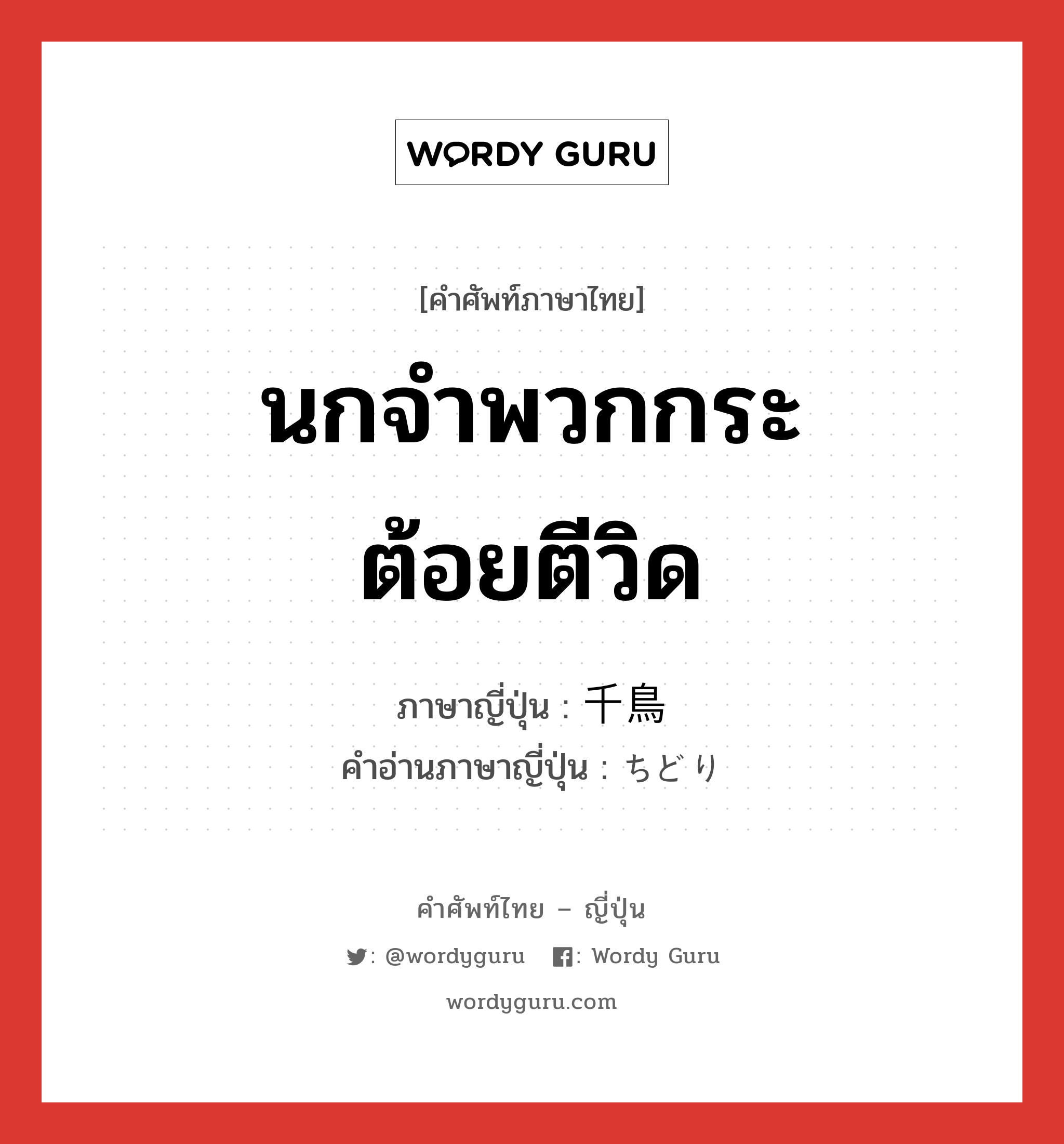 นกจำพวกกระต้อยตีวิด ภาษาญี่ปุ่นคืออะไร, คำศัพท์ภาษาไทย - ญี่ปุ่น นกจำพวกกระต้อยตีวิด ภาษาญี่ปุ่น 千鳥 คำอ่านภาษาญี่ปุ่น ちどり หมวด n หมวด n