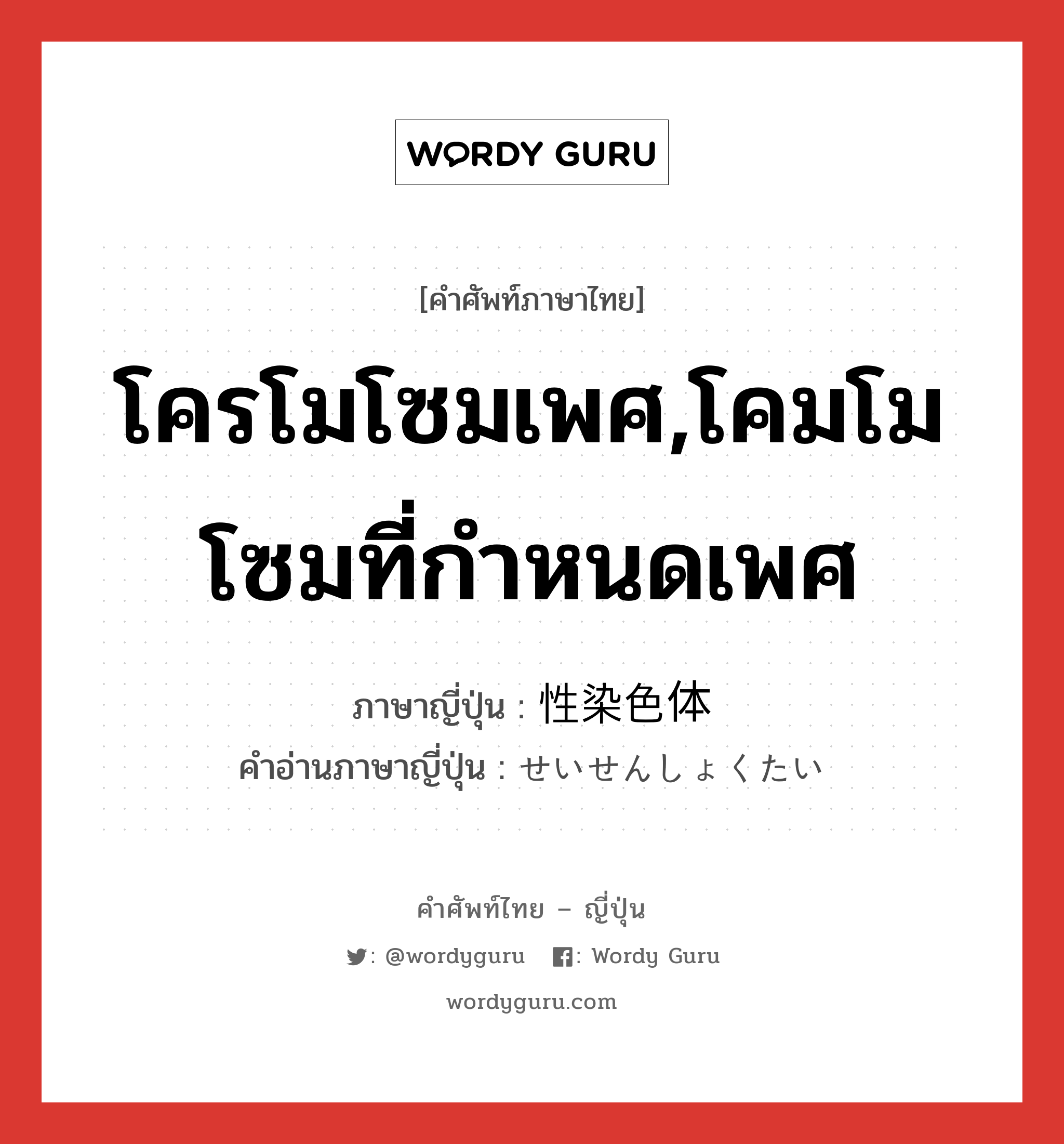 โครโมโซมเพศ,โคมโมโซมที่กำหนดเพศ ภาษาญี่ปุ่นคืออะไร, คำศัพท์ภาษาไทย - ญี่ปุ่น โครโมโซมเพศ,โคมโมโซมที่กำหนดเพศ ภาษาญี่ปุ่น 性染色体 คำอ่านภาษาญี่ปุ่น せいせんしょくたい หมวด n หมวด n