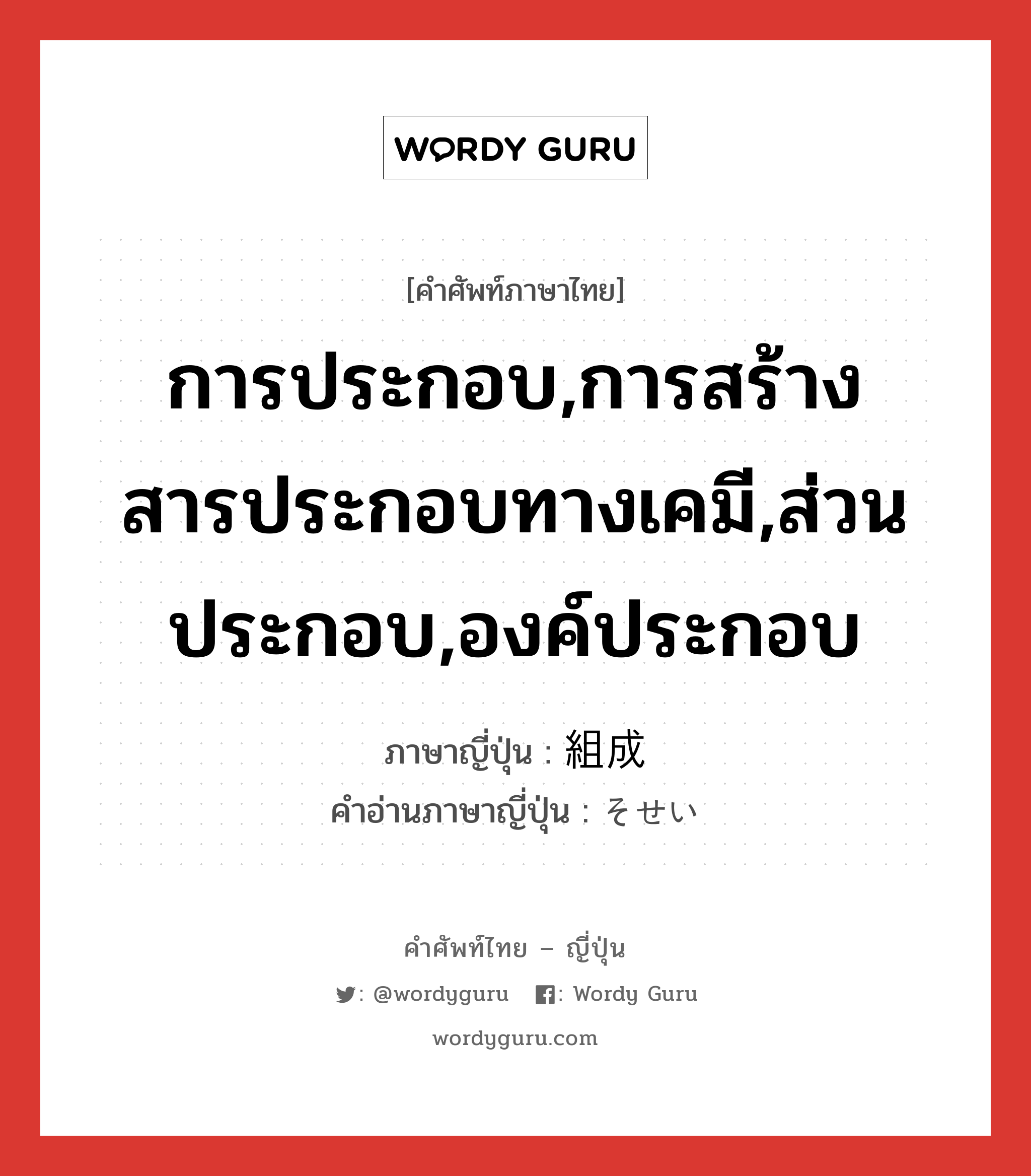 การประกอบ,การสร้างสารประกอบทางเคมี,ส่วนประกอบ,องค์ประกอบ ภาษาญี่ปุ่นคืออะไร, คำศัพท์ภาษาไทย - ญี่ปุ่น การประกอบ,การสร้างสารประกอบทางเคมี,ส่วนประกอบ,องค์ประกอบ ภาษาญี่ปุ่น 組成 คำอ่านภาษาญี่ปุ่น そせい หมวด n หมวด n