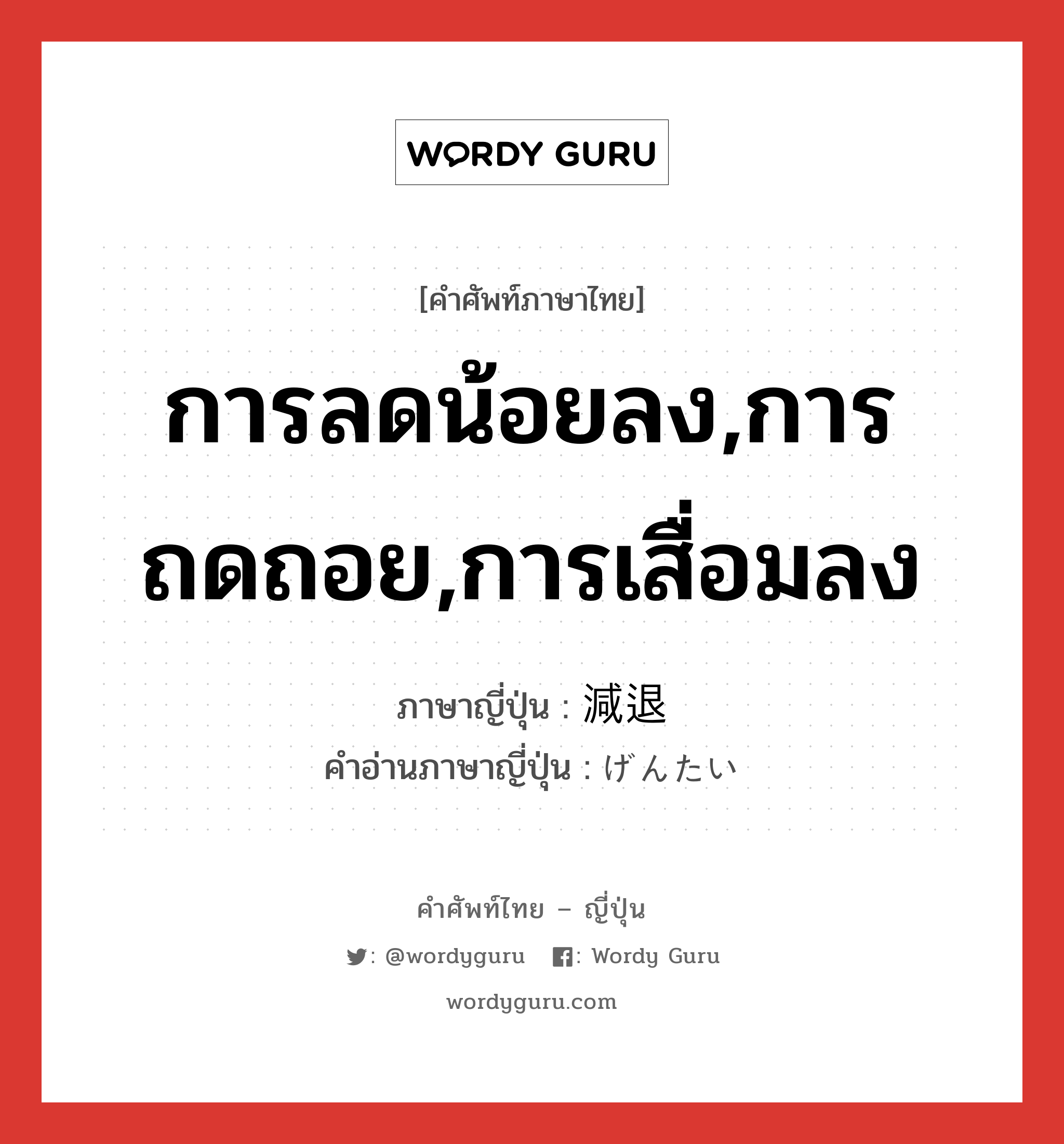 การลดน้อยลง,การถดถอย,การเสื่อมลง ภาษาญี่ปุ่นคืออะไร, คำศัพท์ภาษาไทย - ญี่ปุ่น การลดน้อยลง,การถดถอย,การเสื่อมลง ภาษาญี่ปุ่น 減退 คำอ่านภาษาญี่ปุ่น げんたい หมวด n หมวด n