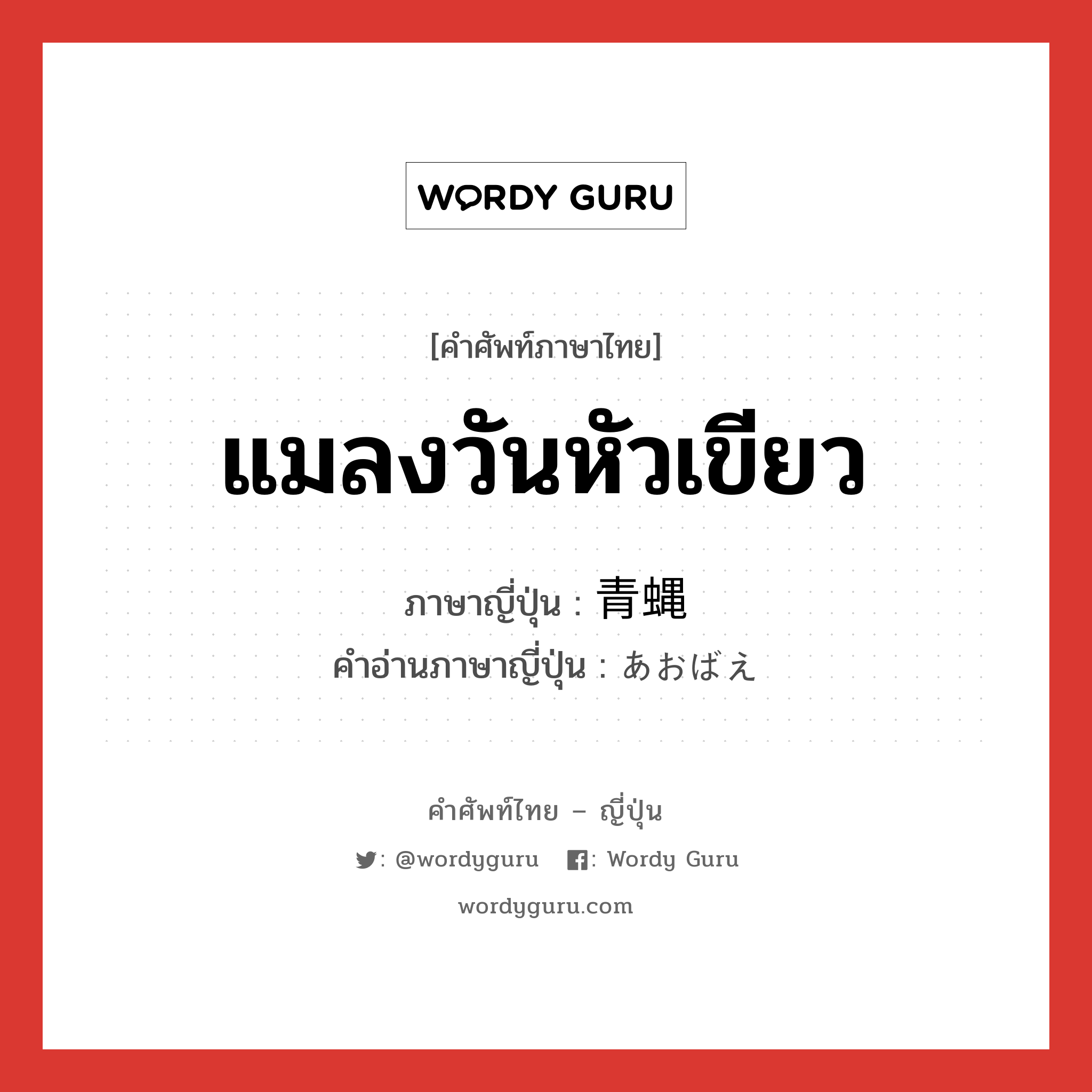 แมลงวันหัวเขียว ภาษาญี่ปุ่นคืออะไร, คำศัพท์ภาษาไทย - ญี่ปุ่น แมลงวันหัวเขียว ภาษาญี่ปุ่น 青蝿 คำอ่านภาษาญี่ปุ่น あおばえ หมวด n หมวด n