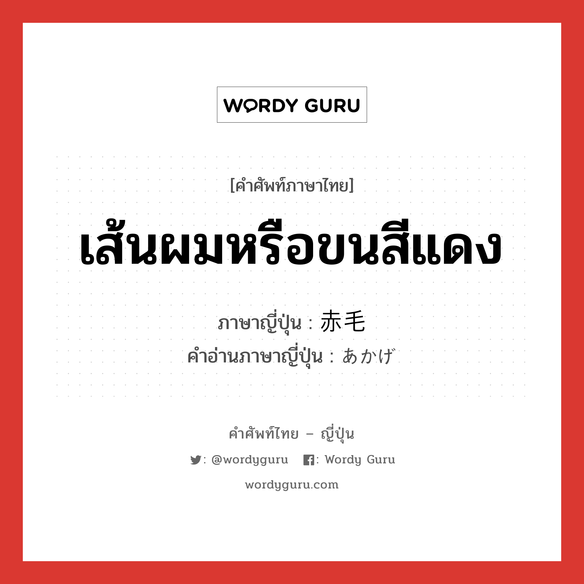 เส้นผมหรือขนสีแดง ภาษาญี่ปุ่นคืออะไร, คำศัพท์ภาษาไทย - ญี่ปุ่น เส้นผมหรือขนสีแดง ภาษาญี่ปุ่น 赤毛 คำอ่านภาษาญี่ปุ่น あかげ หมวด n หมวด n