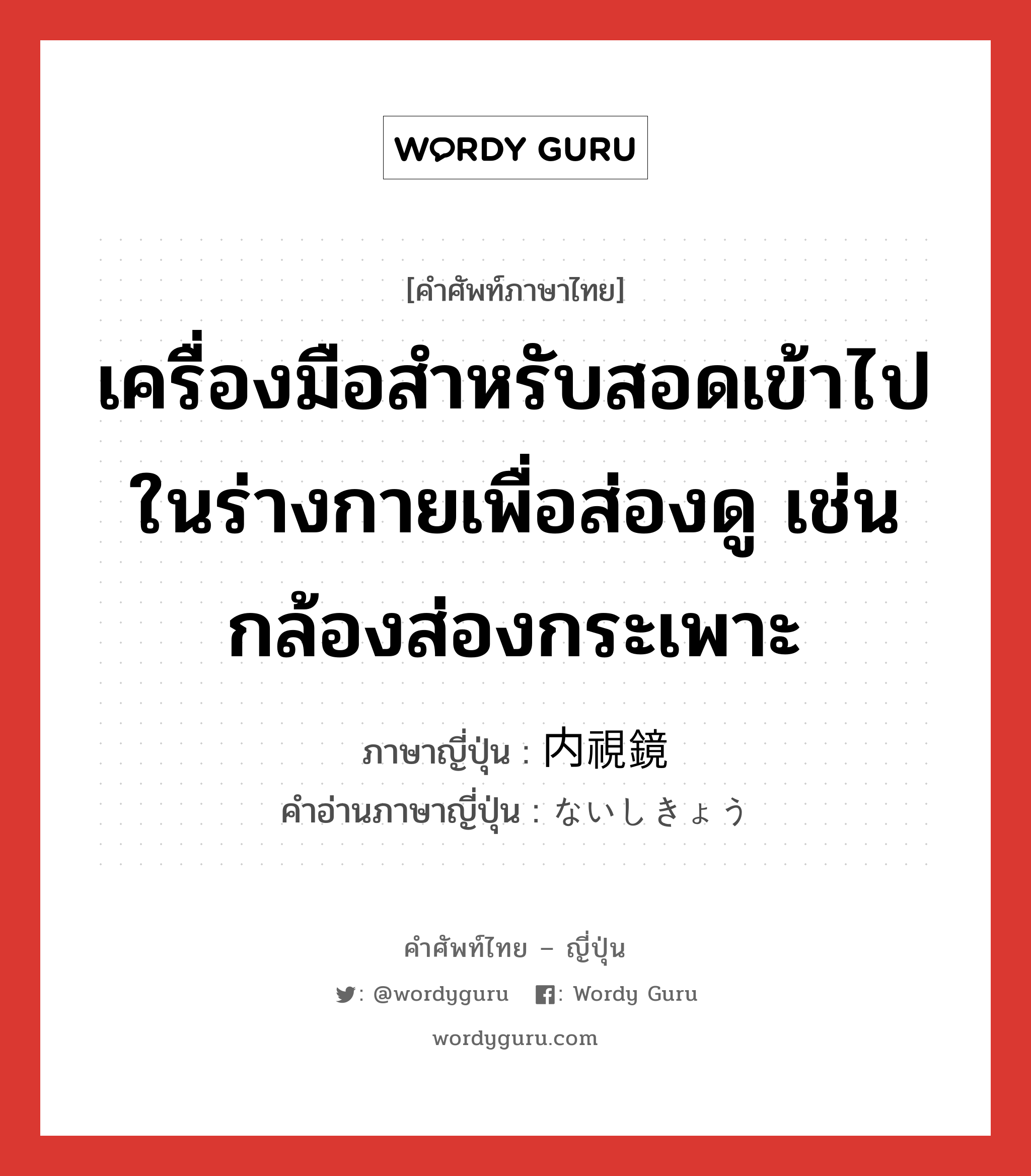 เครื่องมือสำหรับสอดเข้าไปในร่างกายเพื่อส่องดู เช่น กล้องส่องกระเพาะ ภาษาญี่ปุ่นคืออะไร, คำศัพท์ภาษาไทย - ญี่ปุ่น เครื่องมือสำหรับสอดเข้าไปในร่างกายเพื่อส่องดู เช่น กล้องส่องกระเพาะ ภาษาญี่ปุ่น 内視鏡 คำอ่านภาษาญี่ปุ่น ないしきょう หมวด n หมวด n