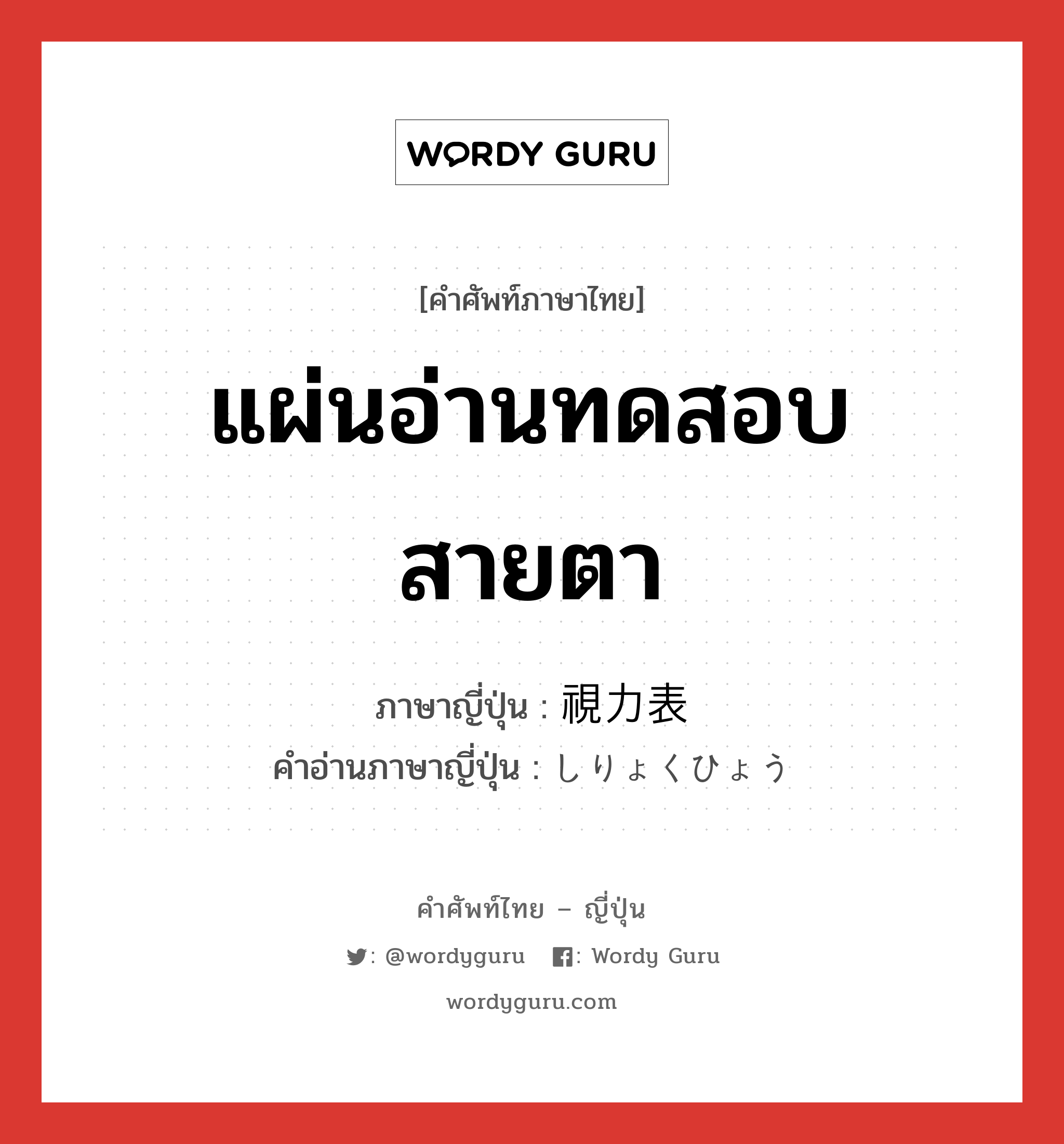 แผ่นอ่านทดสอบสายตา ภาษาญี่ปุ่นคืออะไร, คำศัพท์ภาษาไทย - ญี่ปุ่น แผ่นอ่านทดสอบสายตา ภาษาญี่ปุ่น 視力表 คำอ่านภาษาญี่ปุ่น しりょくひょう หมวด n หมวด n