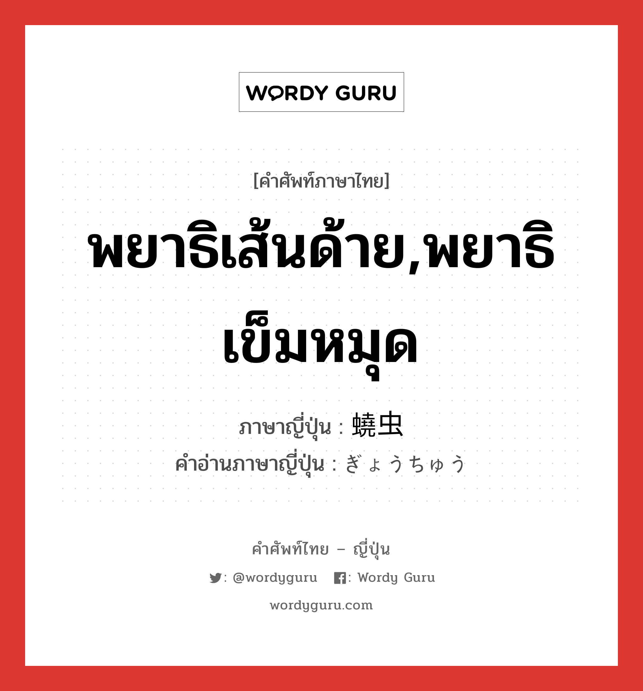 พยาธิเส้นด้าย,พยาธิเข็มหมุด ภาษาญี่ปุ่นคืออะไร, คำศัพท์ภาษาไทย - ญี่ปุ่น พยาธิเส้นด้าย,พยาธิเข็มหมุด ภาษาญี่ปุ่น 蟯虫 คำอ่านภาษาญี่ปุ่น ぎょうちゅう หมวด n หมวด n