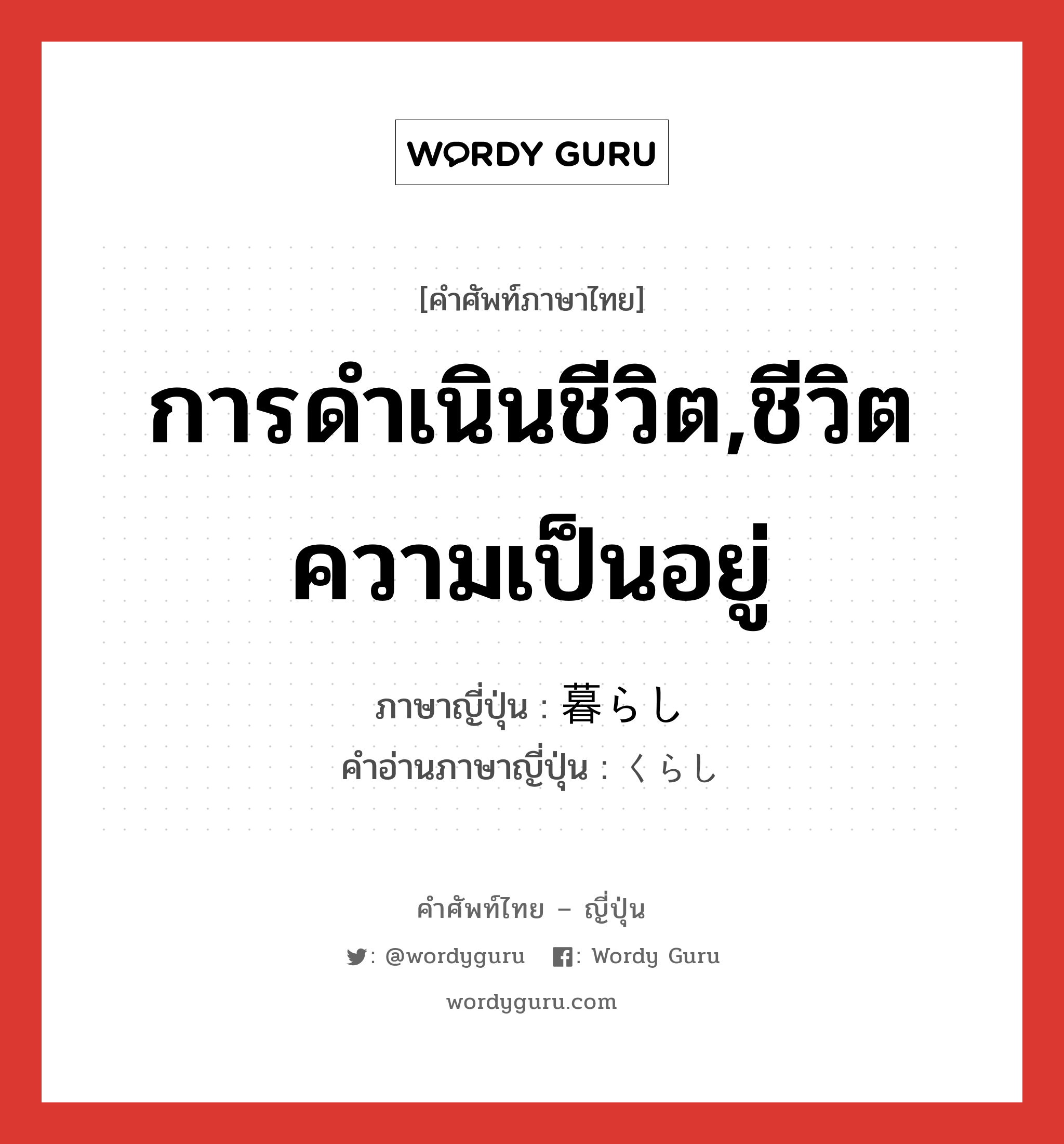 การดำเนินชีวิต,ชีวิตความเป็นอยู่ ภาษาญี่ปุ่นคืออะไร, คำศัพท์ภาษาไทย - ญี่ปุ่น การดำเนินชีวิต,ชีวิตความเป็นอยู่ ภาษาญี่ปุ่น 暮らし คำอ่านภาษาญี่ปุ่น くらし หมวด n หมวด n