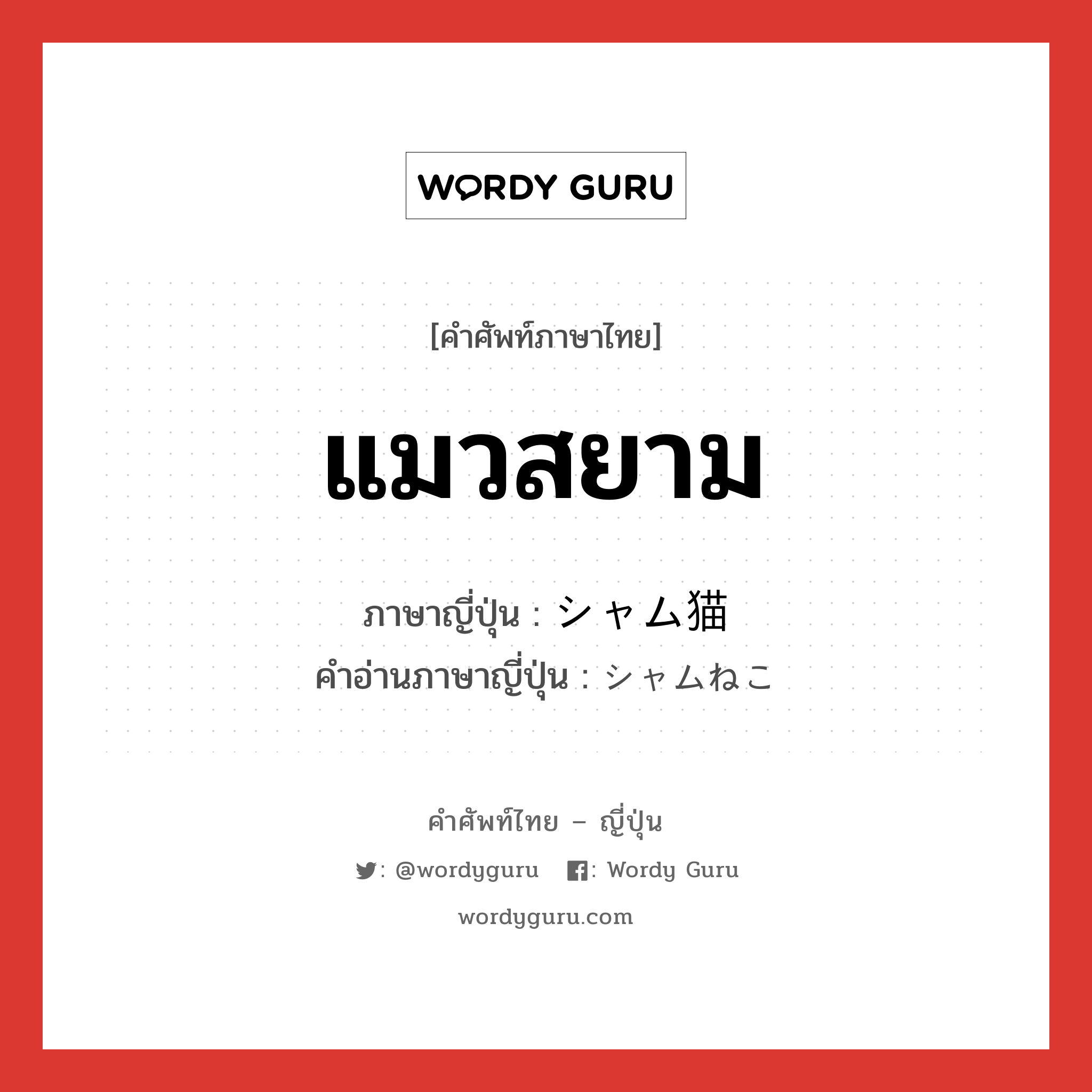 แมวสยาม ภาษาญี่ปุ่นคืออะไร, คำศัพท์ภาษาไทย - ญี่ปุ่น แมวสยาม ภาษาญี่ปุ่น シャム猫 คำอ่านภาษาญี่ปุ่น シャムねこ หมวด n หมวด n