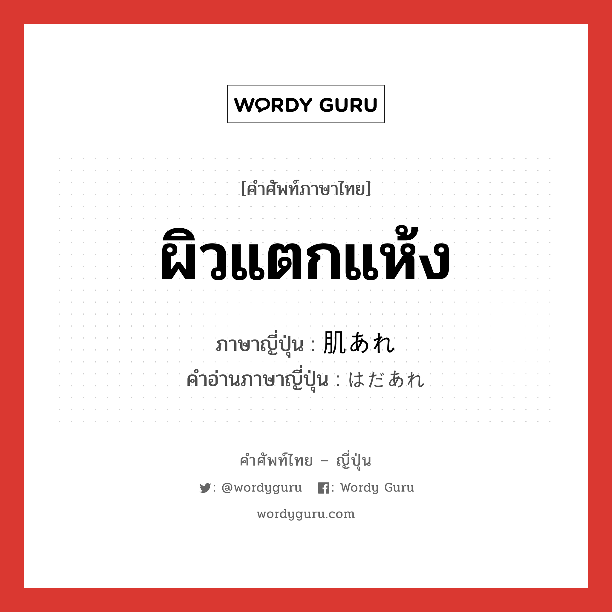 ผิวแตกแห้ง ภาษาญี่ปุ่นคืออะไร, คำศัพท์ภาษาไทย - ญี่ปุ่น ผิวแตกแห้ง ภาษาญี่ปุ่น 肌あれ คำอ่านภาษาญี่ปุ่น はだあれ หมวด n หมวด n