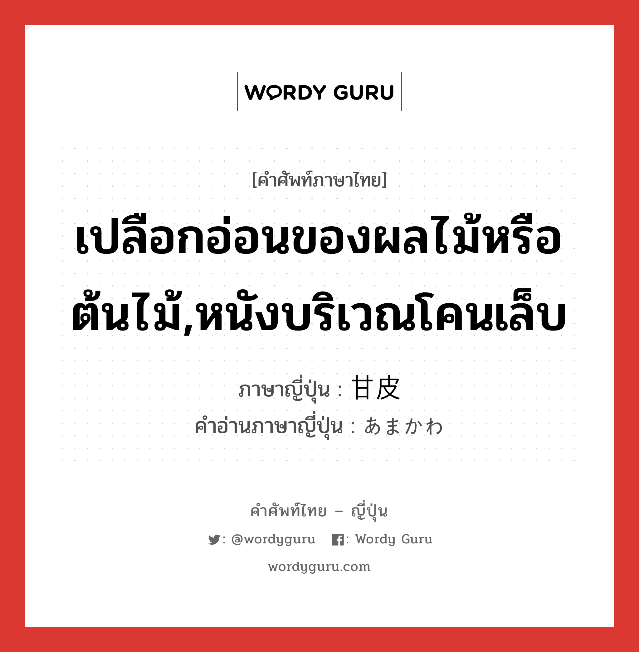 เปลือกอ่อนของผลไม้หรือต้นไม้,หนังบริเวณโคนเล็บ ภาษาญี่ปุ่นคืออะไร, คำศัพท์ภาษาไทย - ญี่ปุ่น เปลือกอ่อนของผลไม้หรือต้นไม้,หนังบริเวณโคนเล็บ ภาษาญี่ปุ่น 甘皮 คำอ่านภาษาญี่ปุ่น あまかわ หมวด n หมวด n