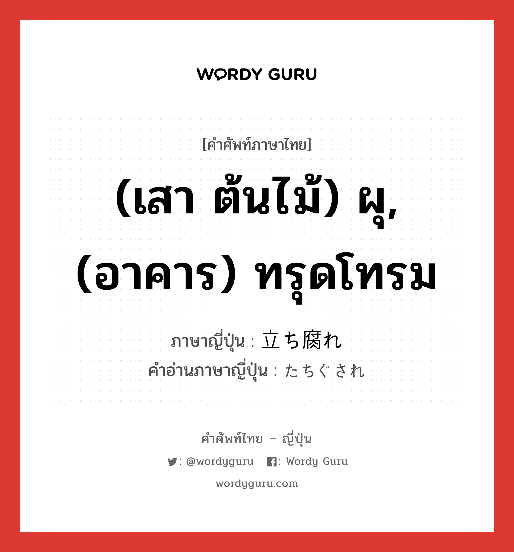 (เสา ต้นไม้) ผุ,(อาคาร) ทรุดโทรม ภาษาญี่ปุ่นคืออะไร, คำศัพท์ภาษาไทย - ญี่ปุ่น (เสา ต้นไม้) ผุ,(อาคาร) ทรุดโทรม ภาษาญี่ปุ่น 立ち腐れ คำอ่านภาษาญี่ปุ่น たちぐされ หมวด n หมวด n