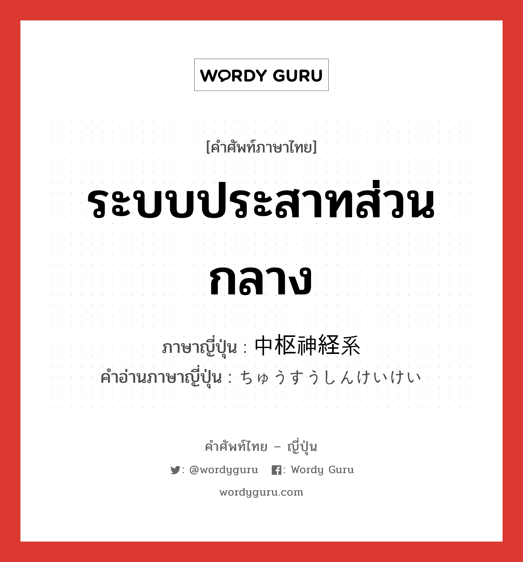 ระบบประสาทส่วนกลาง ภาษาญี่ปุ่นคืออะไร, คำศัพท์ภาษาไทย - ญี่ปุ่น ระบบประสาทส่วนกลาง ภาษาญี่ปุ่น 中枢神経系 คำอ่านภาษาญี่ปุ่น ちゅうすうしんけいけい หมวด n หมวด n