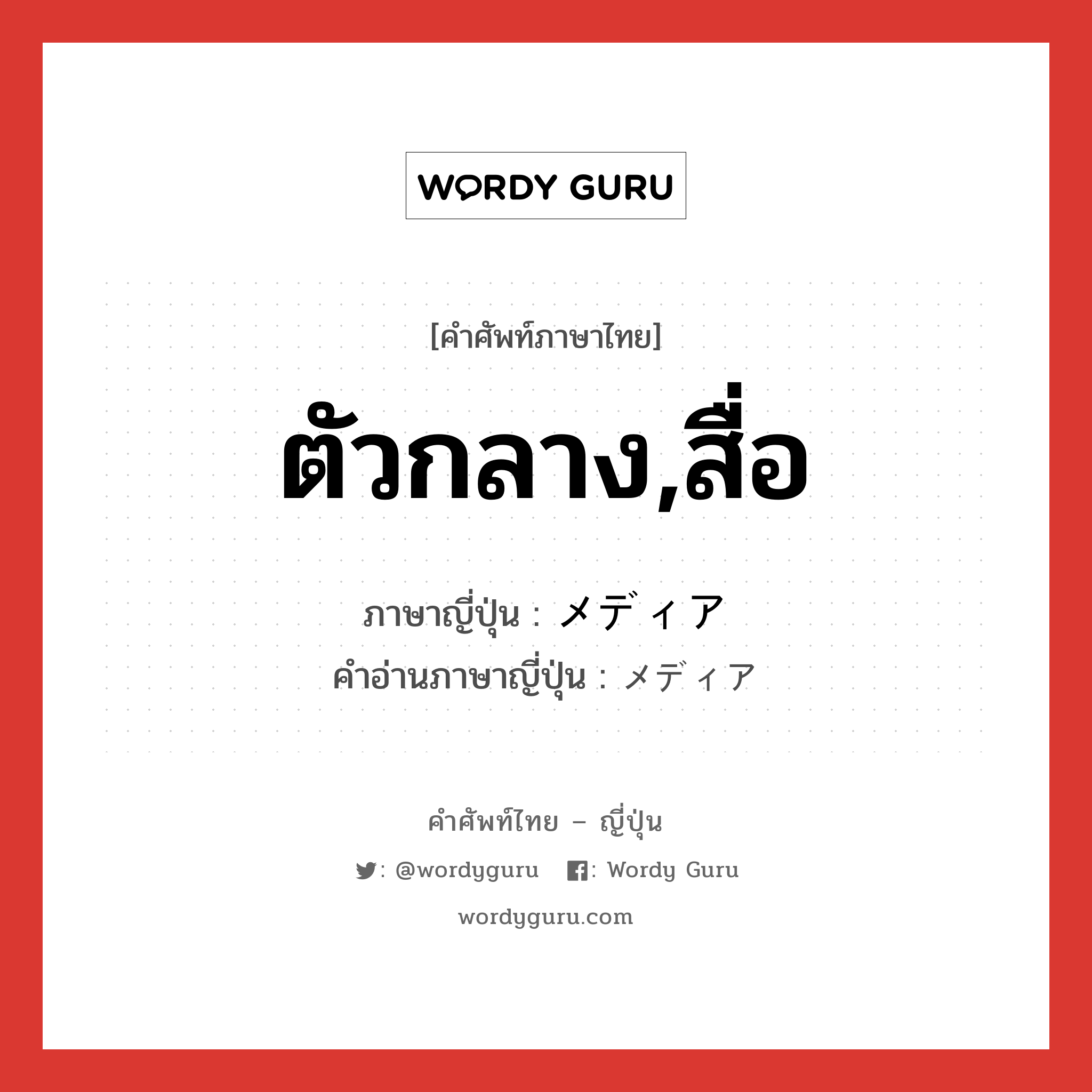 ตัวกลาง,สื่อ ภาษาญี่ปุ่นคืออะไร, คำศัพท์ภาษาไทย - ญี่ปุ่น ตัวกลาง,สื่อ ภาษาญี่ปุ่น メディア คำอ่านภาษาญี่ปุ่น メディア หมวด n หมวด n