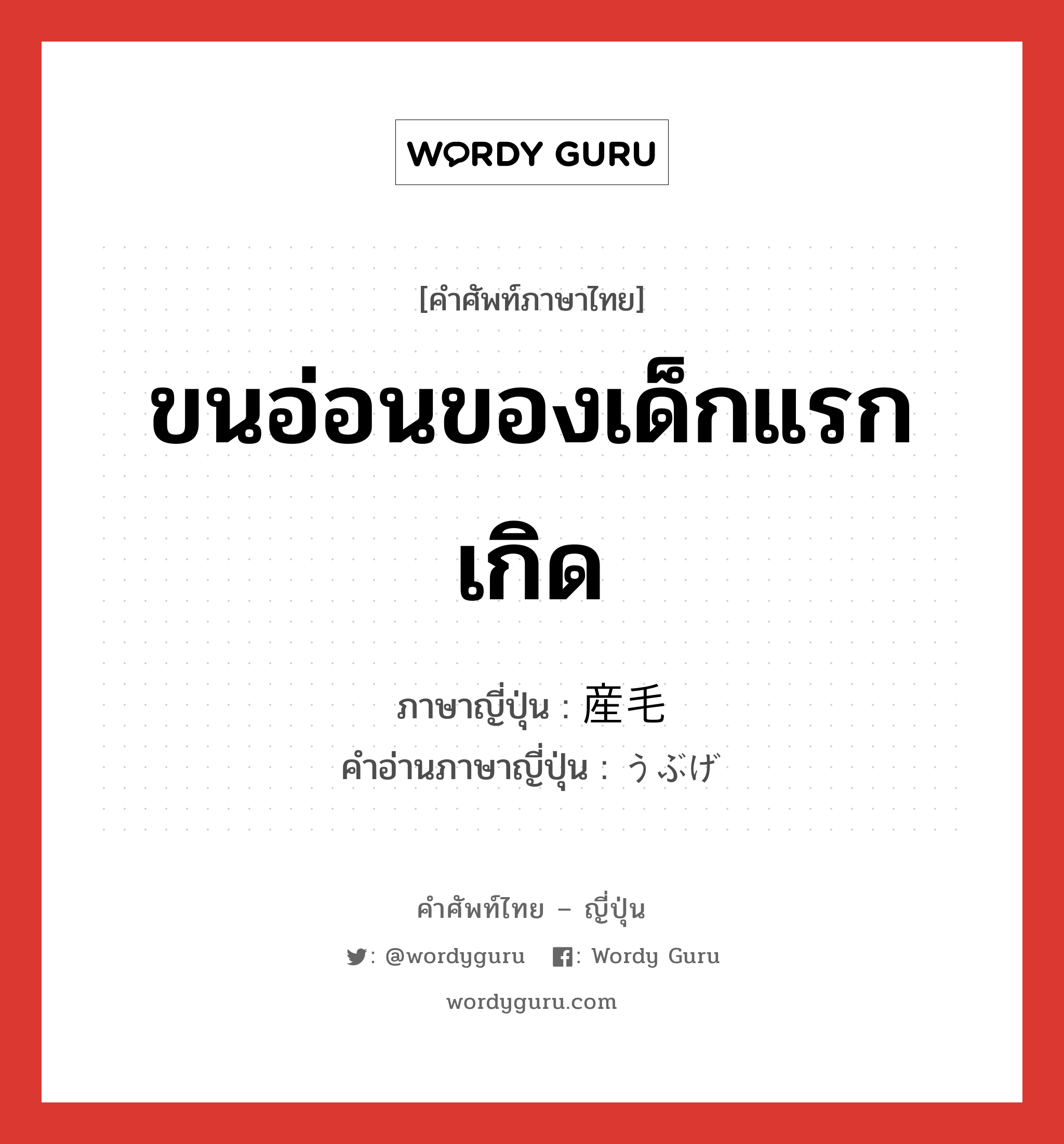 ขนอ่อนของเด็กแรกเกิด ภาษาญี่ปุ่นคืออะไร, คำศัพท์ภาษาไทย - ญี่ปุ่น ขนอ่อนของเด็กแรกเกิด ภาษาญี่ปุ่น 産毛 คำอ่านภาษาญี่ปุ่น うぶげ หมวด n หมวด n