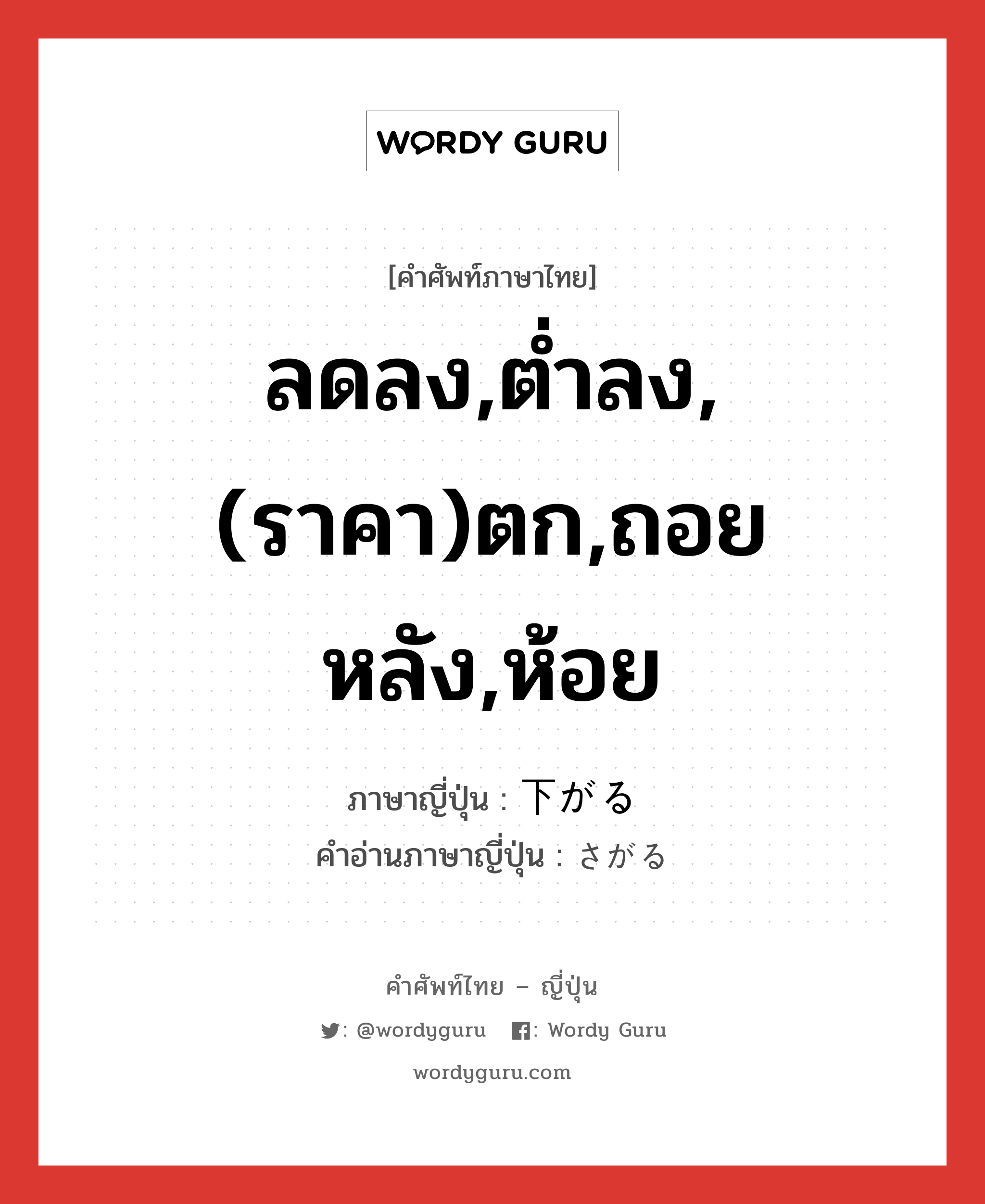 ลดลง,ต่ำลง,(ราคา)ตก,ถอยหลัง,ห้อย ภาษาญี่ปุ่นคืออะไร, คำศัพท์ภาษาไทย - ญี่ปุ่น ลดลง,ต่ำลง,(ราคา)ตก,ถอยหลัง,ห้อย ภาษาญี่ปุ่น 下がる คำอ่านภาษาญี่ปุ่น さがる หมวด v5r หมวด v5r