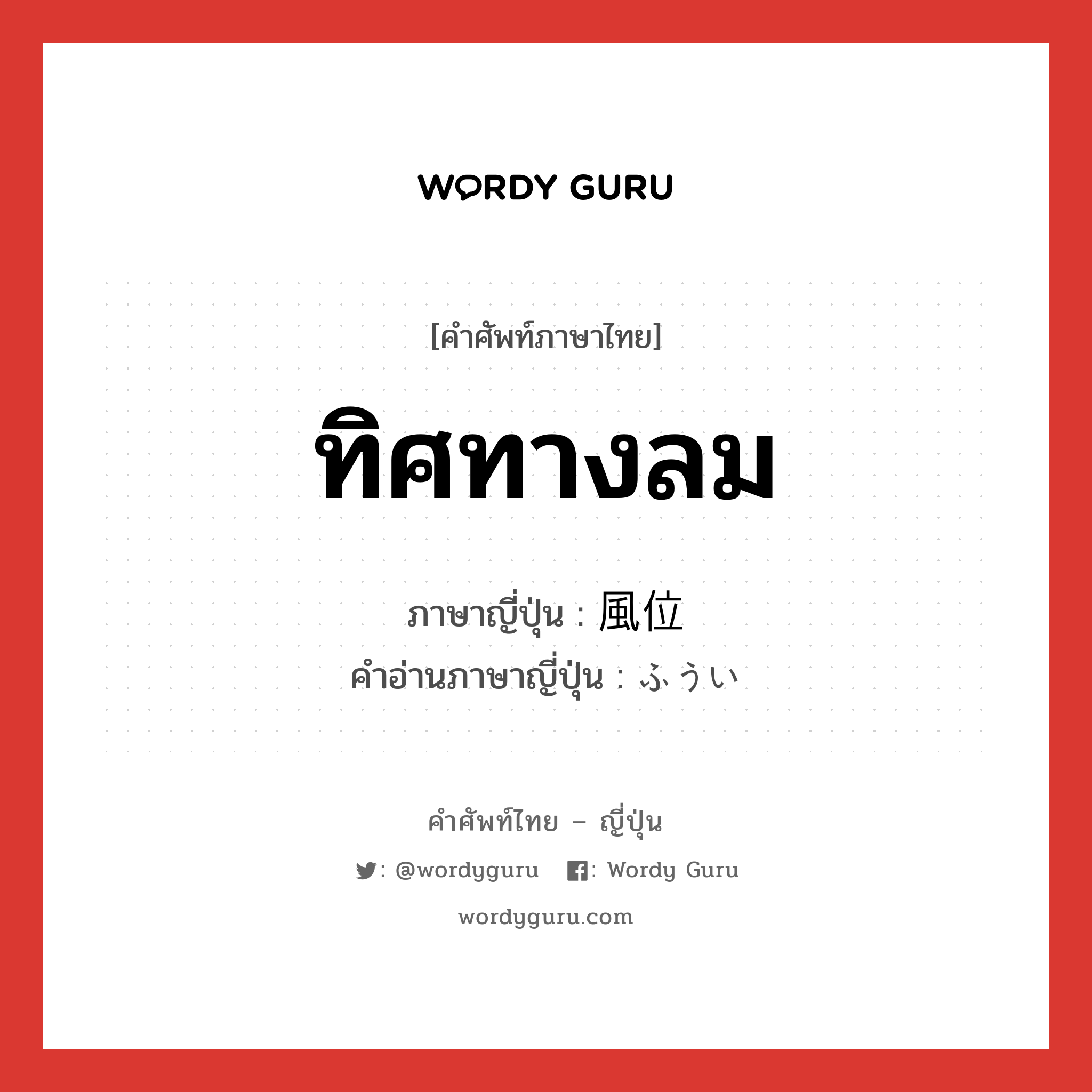 ทิศทางลม ภาษาญี่ปุ่นคืออะไร, คำศัพท์ภาษาไทย - ญี่ปุ่น ทิศทางลม ภาษาญี่ปุ่น 風位 คำอ่านภาษาญี่ปุ่น ふうい หมวด n หมวด n