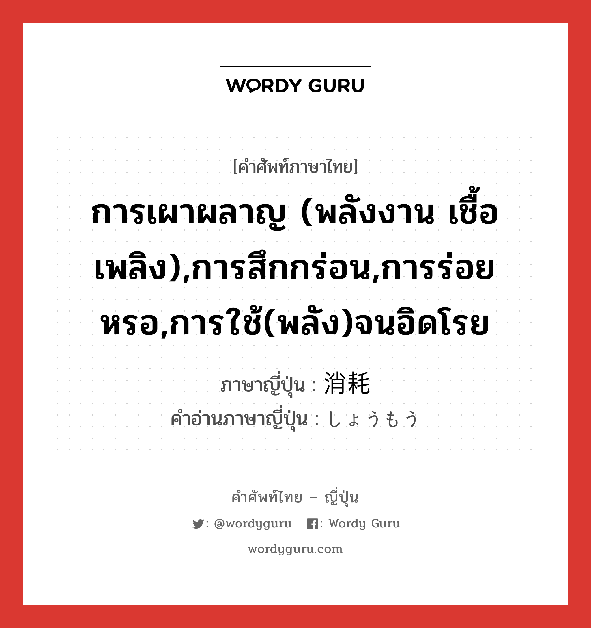 การเผาผลาญ (พลังงาน เชื้อเพลิง),การสึกกร่อน,การร่อยหรอ,การใช้(พลัง)จนอิดโรย ภาษาญี่ปุ่นคืออะไร, คำศัพท์ภาษาไทย - ญี่ปุ่น การเผาผลาญ (พลังงาน เชื้อเพลิง),การสึกกร่อน,การร่อยหรอ,การใช้(พลัง)จนอิดโรย ภาษาญี่ปุ่น 消耗 คำอ่านภาษาญี่ปุ่น しょうもう หมวด n หมวด n