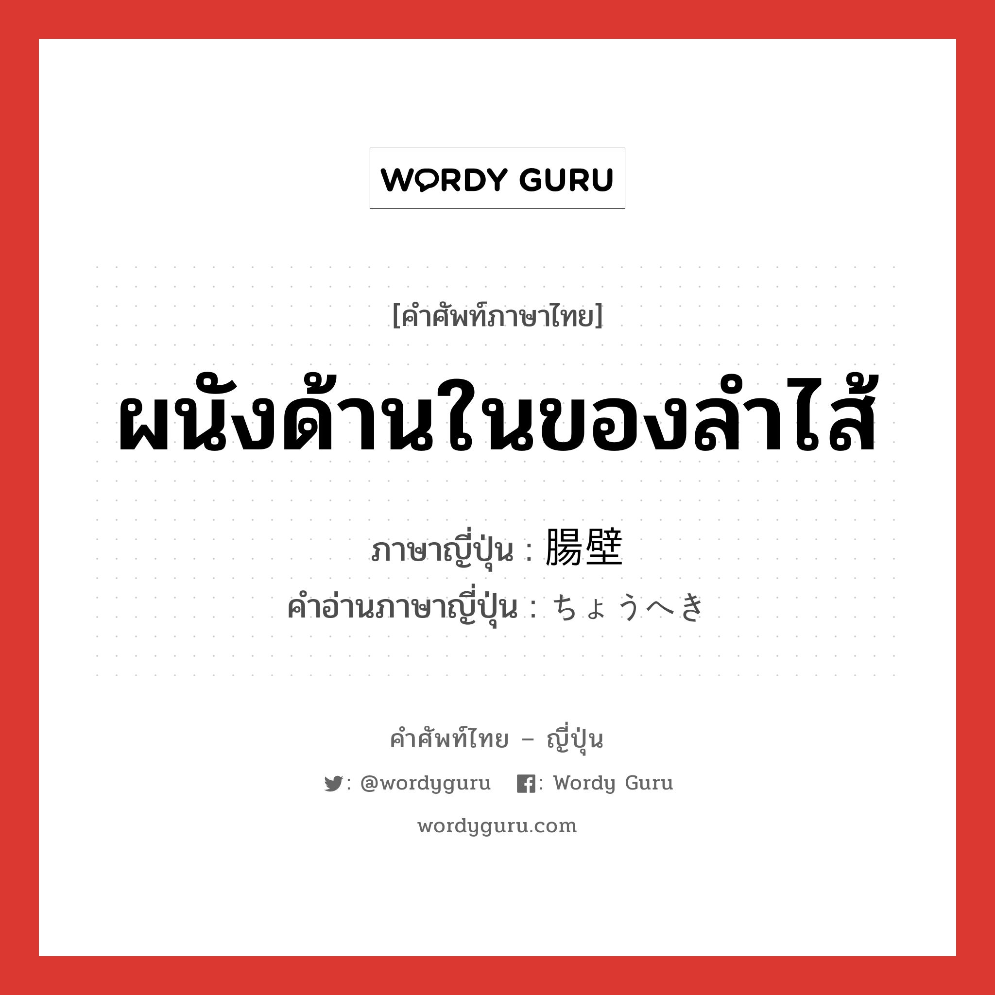 ผนังด้านในของลำไส้ ภาษาญี่ปุ่นคืออะไร, คำศัพท์ภาษาไทย - ญี่ปุ่น ผนังด้านในของลำไส้ ภาษาญี่ปุ่น 腸壁 คำอ่านภาษาญี่ปุ่น ちょうへき หมวด n หมวด n